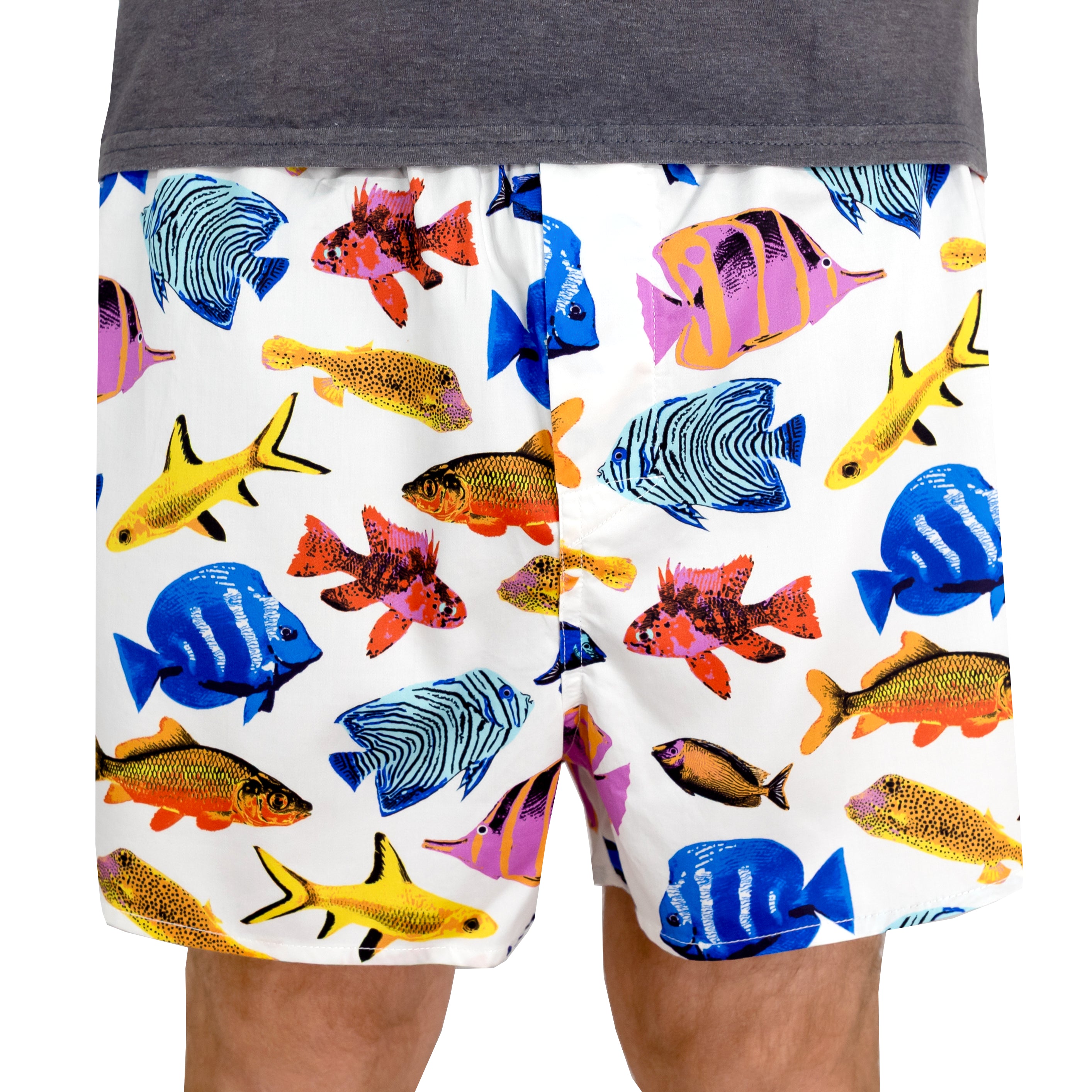 Men's boxer shorts featuring a vibrant multicolor tropical fish pattern on a white background.