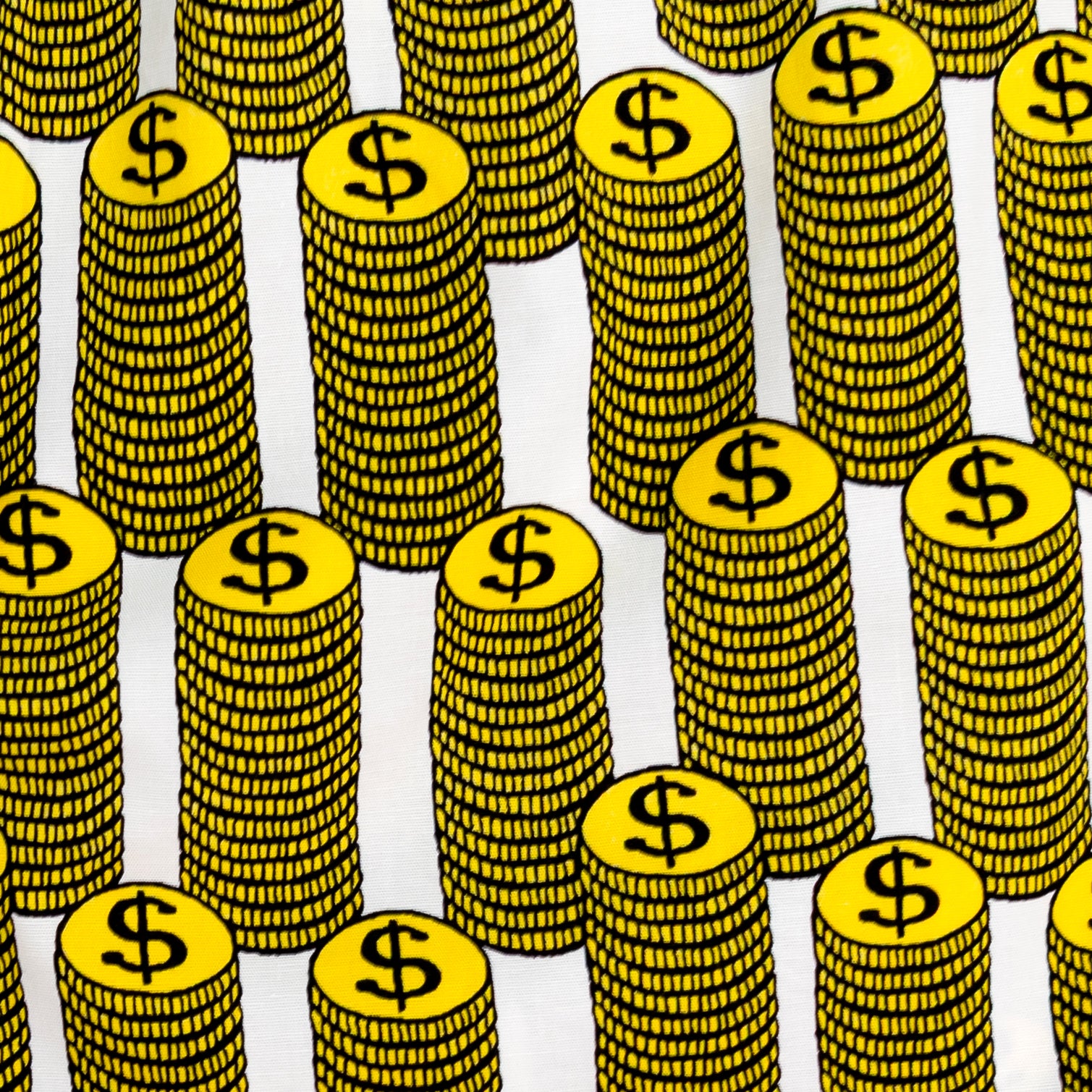 A repeating pattern of yellow stacks of coins with black dollar signs on a white background.