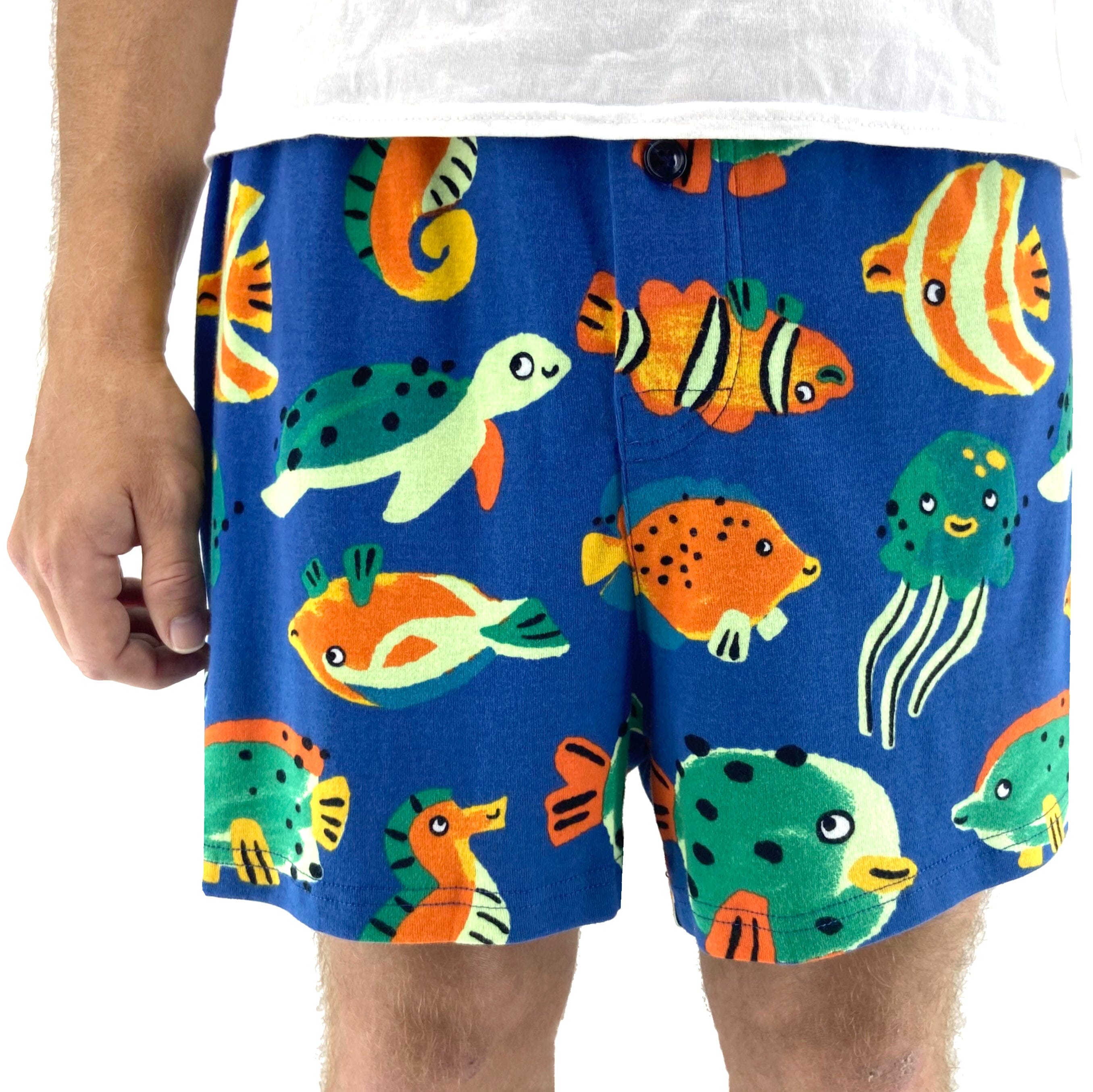 Men's Blue Fish Seahorse All Over Print Animal Themed Knit PJ Bottoms