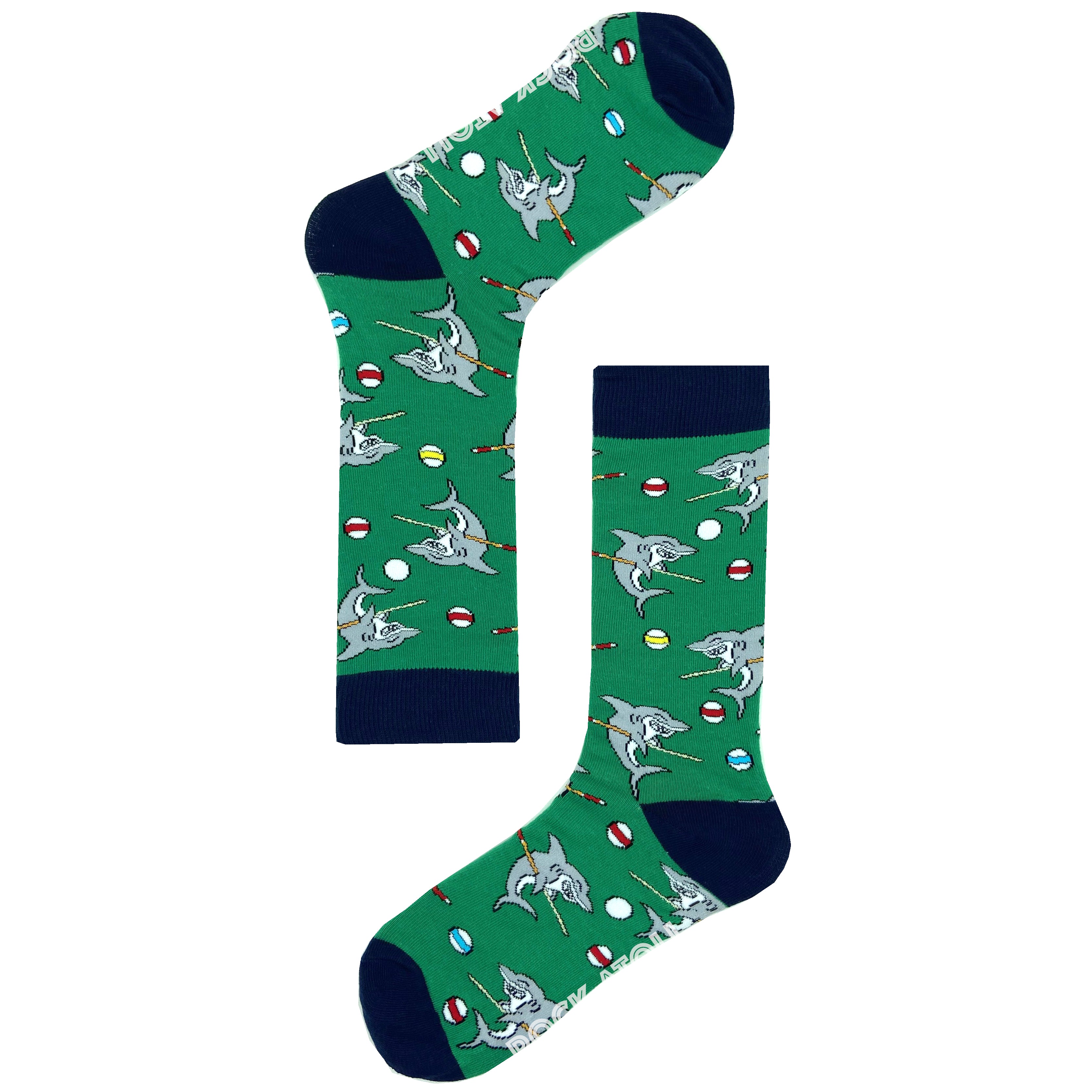 Sharks Playing Pool Billiards Snooker Patterned Novelty Socks in Green