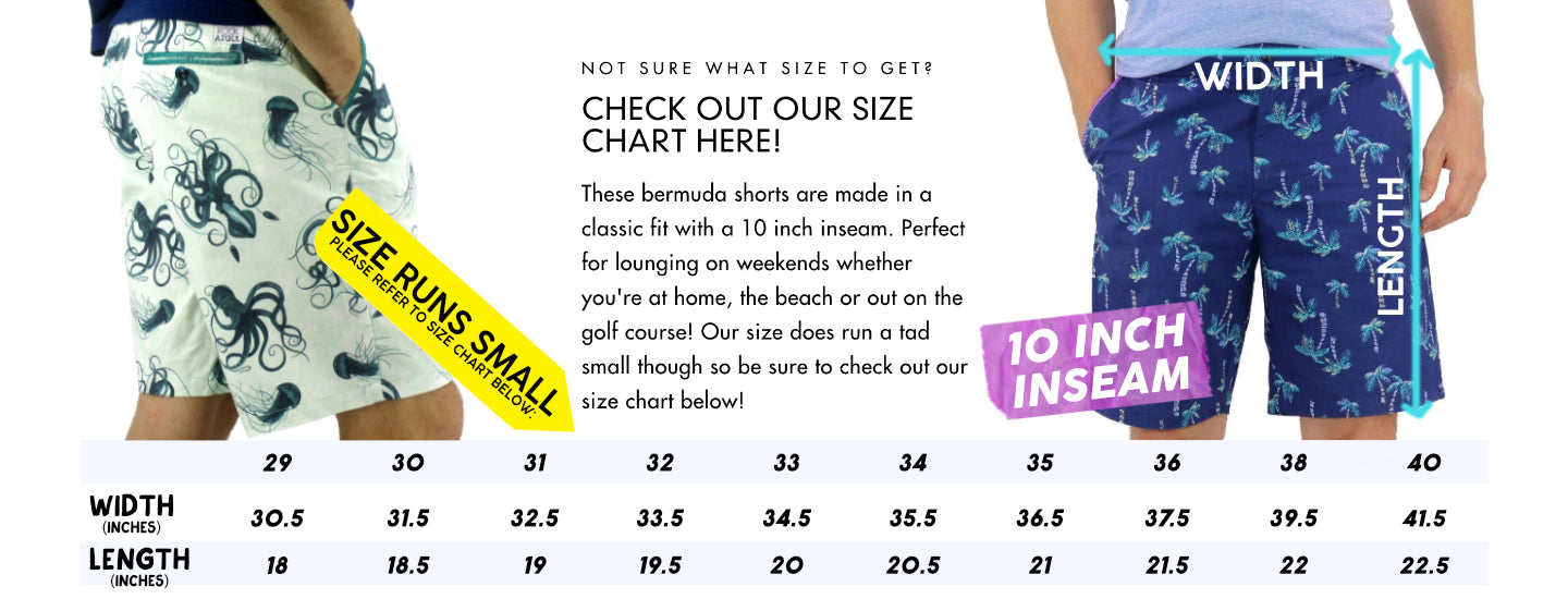 Men's Classic Flat Front Chino Bermuda Golf Shorts Size Chart | ROCK ATOLL