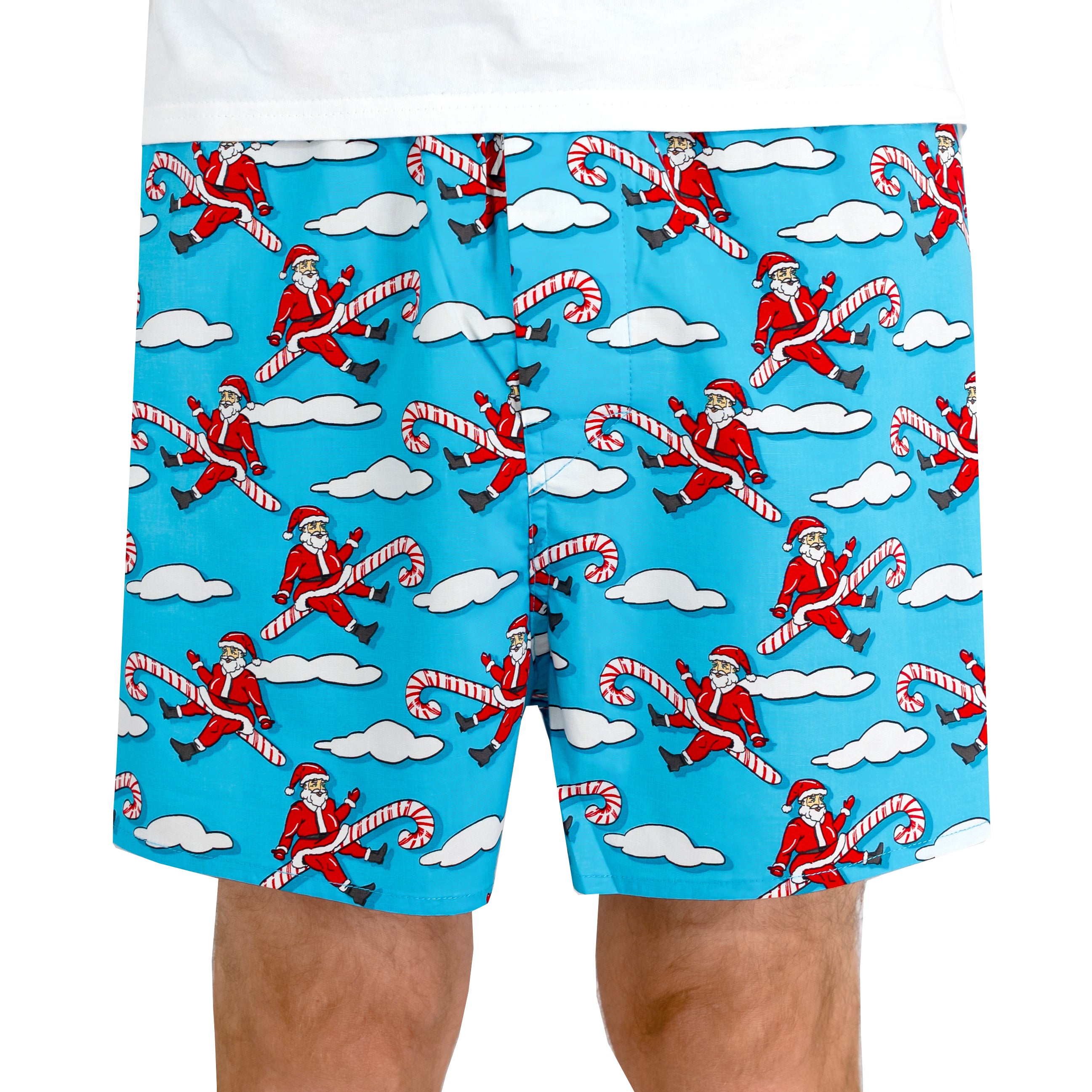 Men's Christmas Themed Santa Riding Candy Cane Print Boxer Shorts Santa Claus Flying Out in the Sky