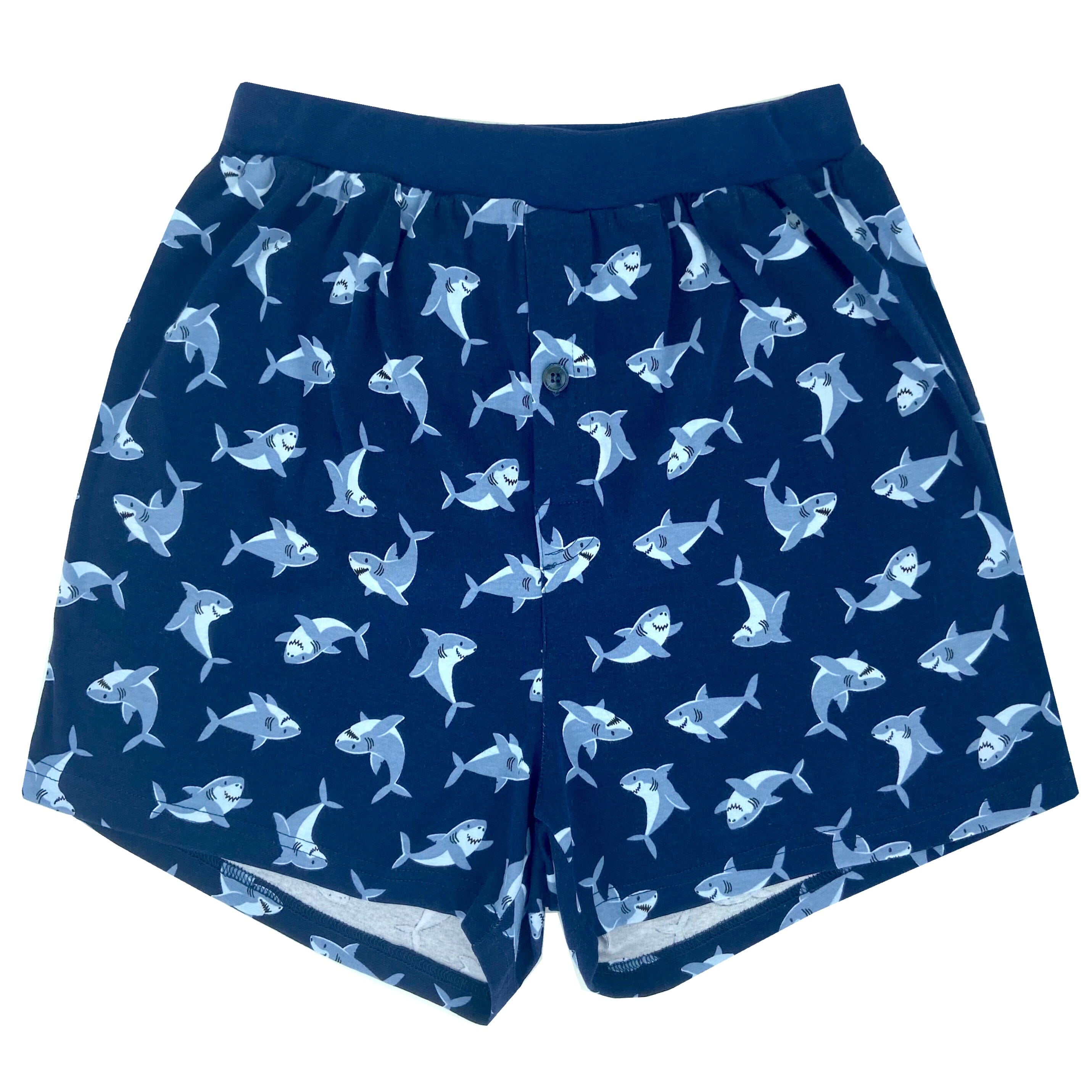 Men's Navy Blue Smiley Shark Patterned Cotton Knit Pajama Sleep Shorts