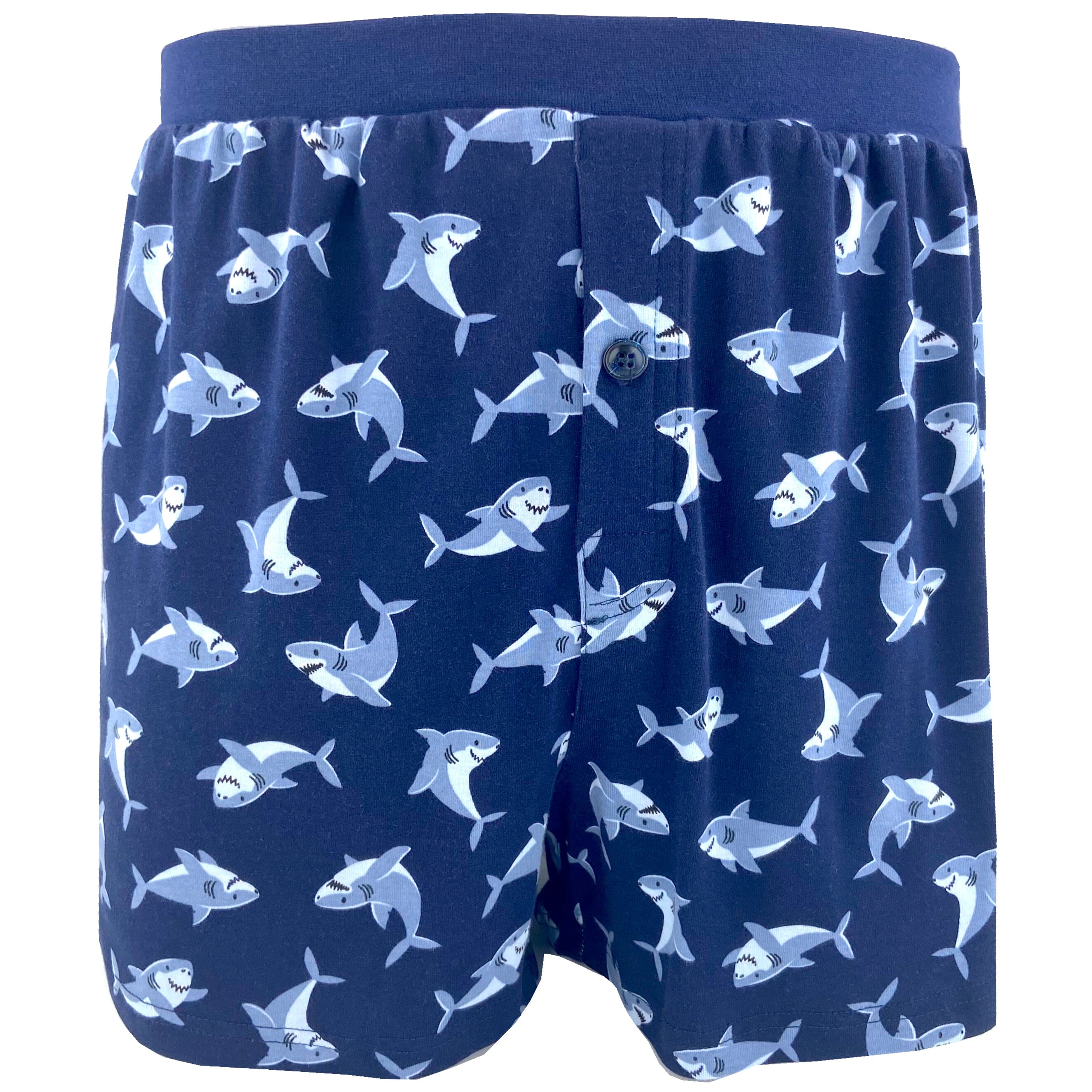 Men's Navy Blue Smiley Shark Patterned Cotton Knit Pajama Sleep Shorts