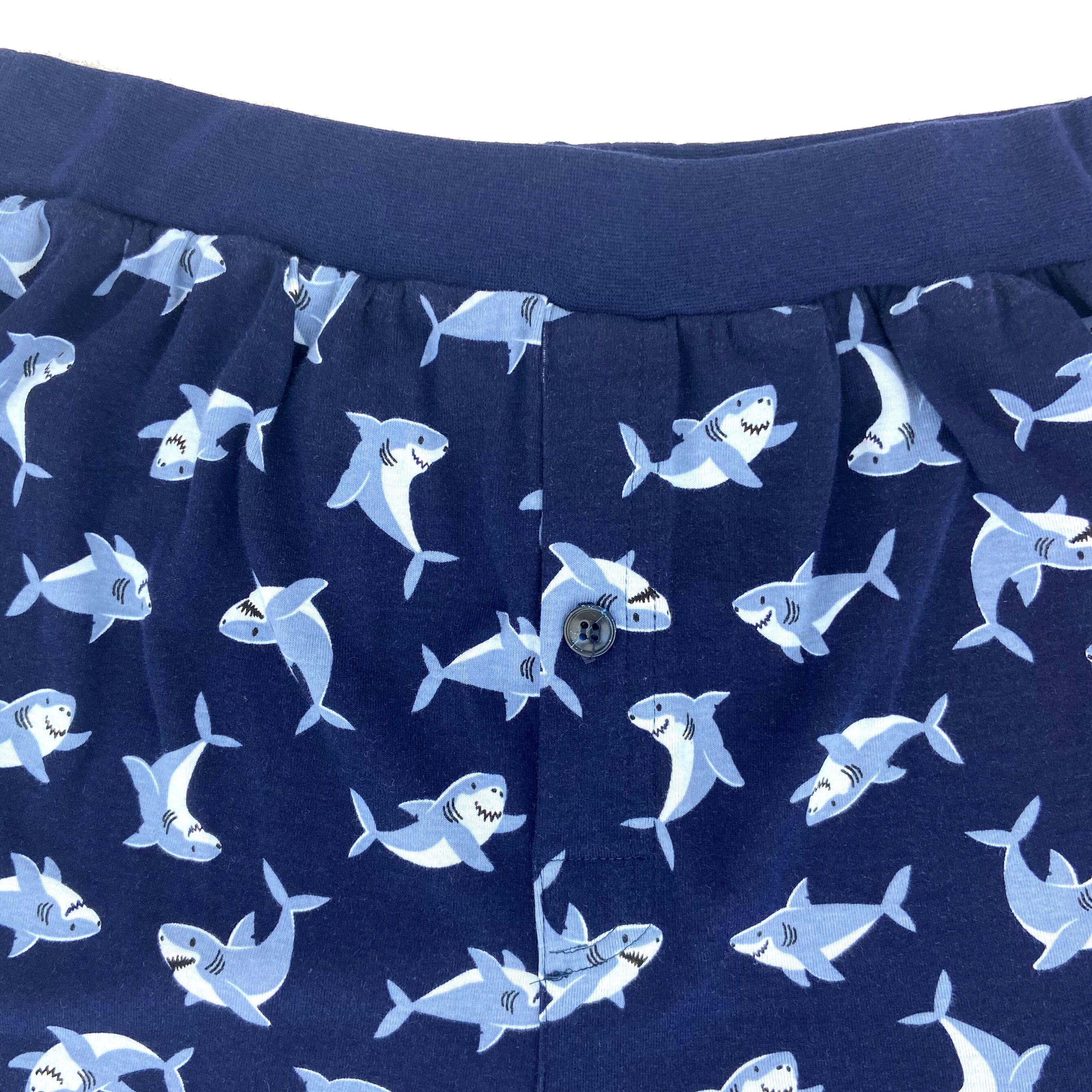 Men's Navy Blue Smiley Shark Patterned Cotton Knit Pajama Sleep Shorts