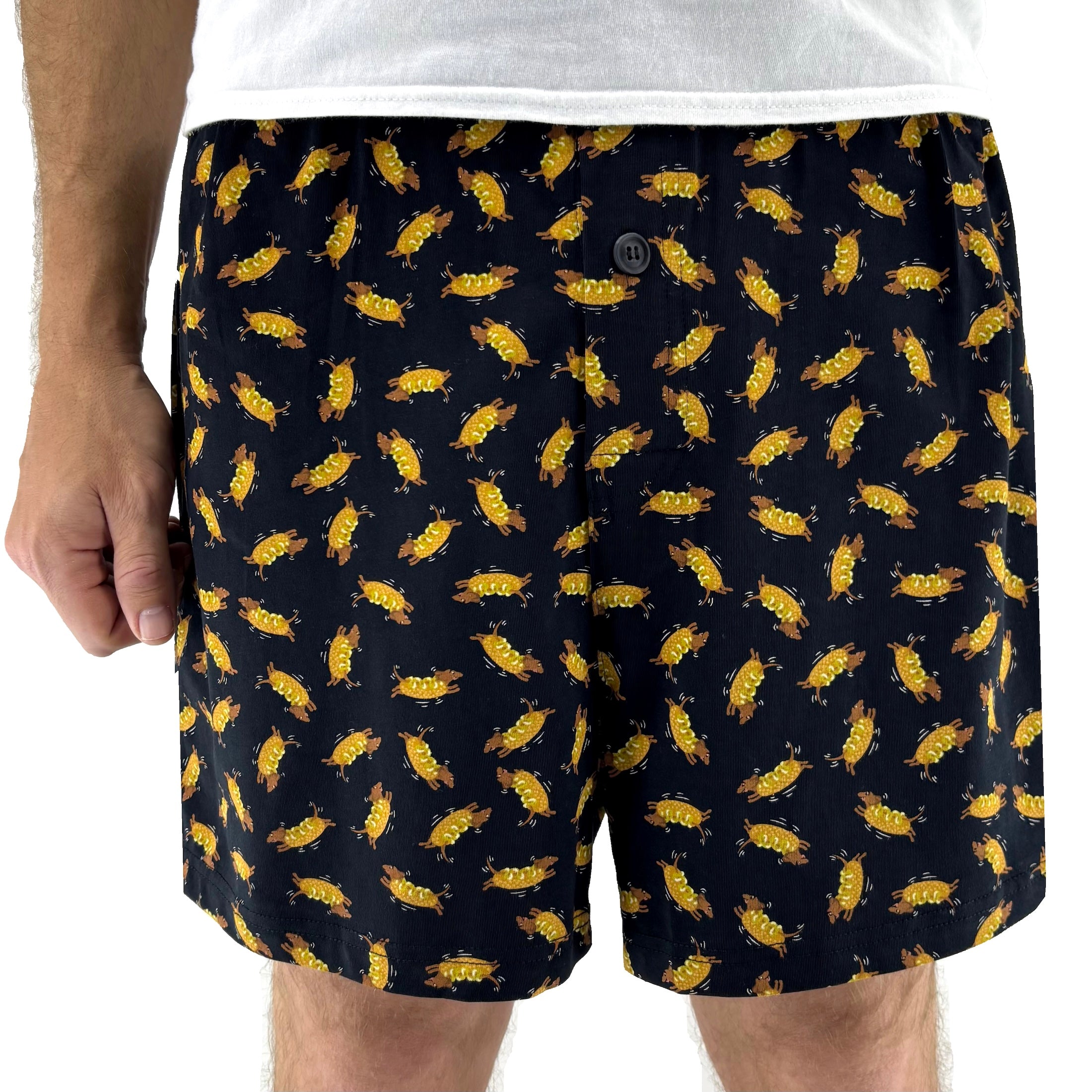 Men's Dachshund Puppy Dog Dressed Up As Hotdogs Print Pajama Shorts