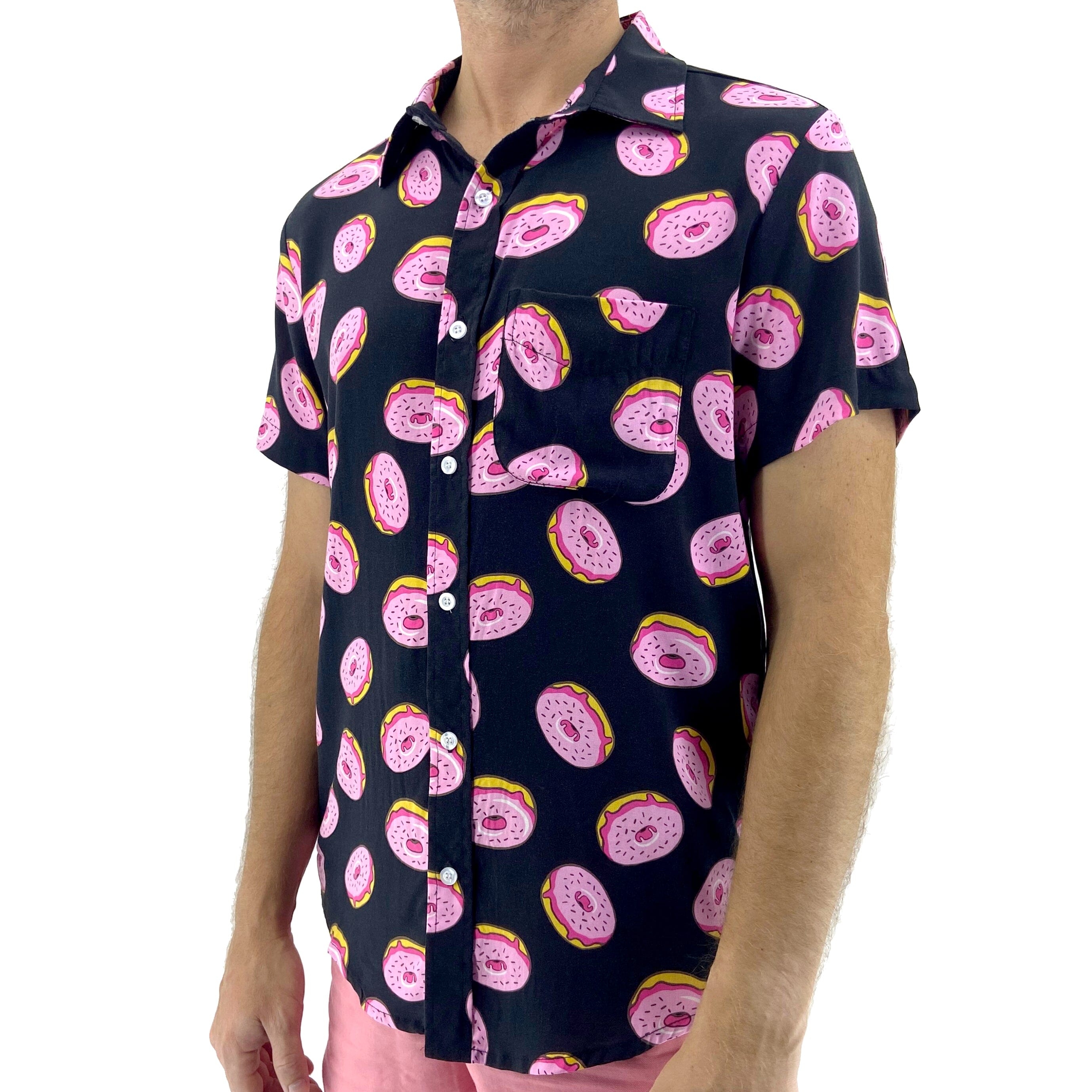 Men's Food Themed Sugary Donut Patterned Button Down Hawaiian Shirt
