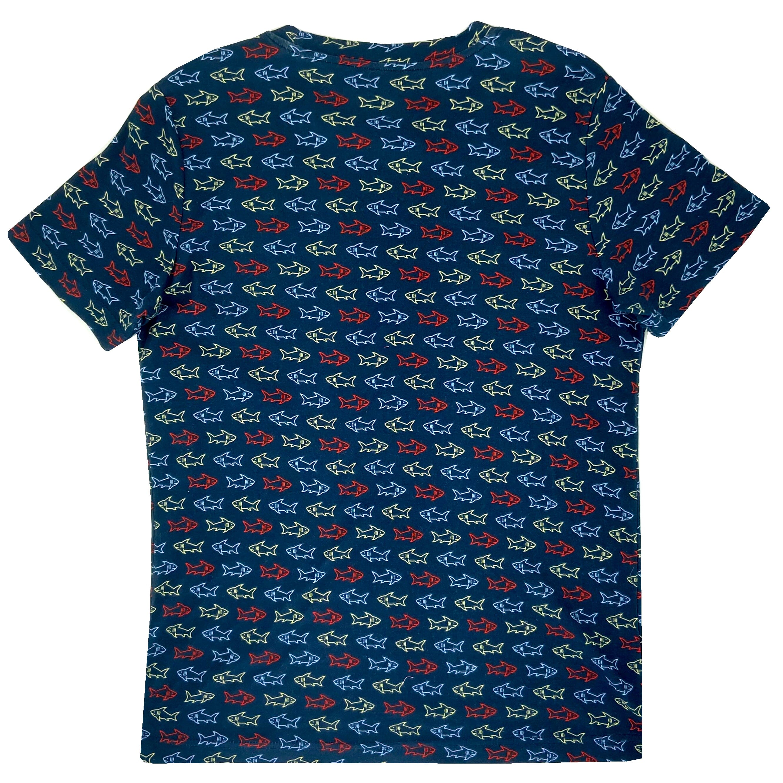 Men's Navy Blue Shark Patterned Novelty Print Cotton Crew Neck T-Shirt