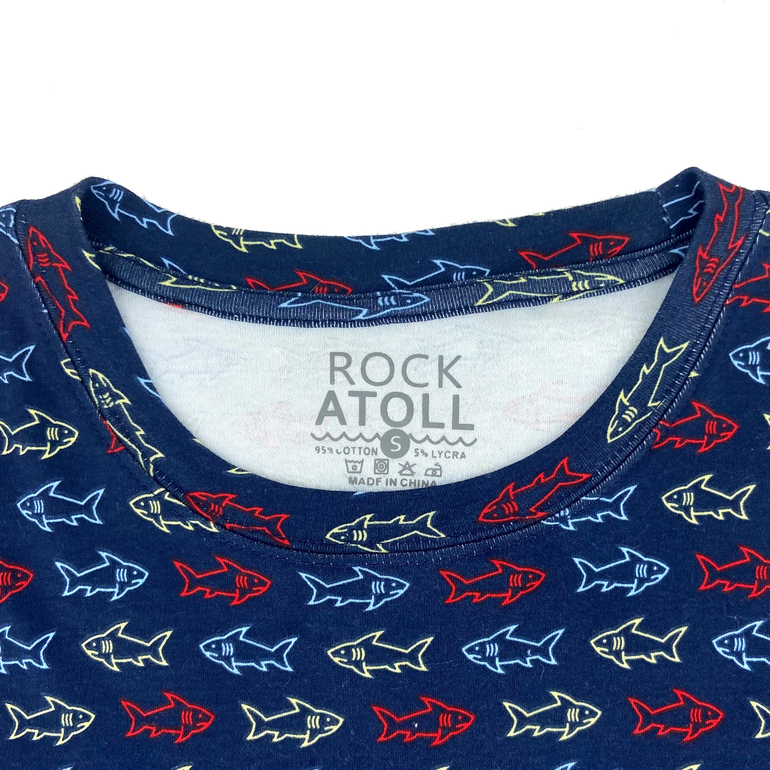 Men's Navy Blue Shark Patterned Novelty Print Cotton Crew Neck T-Shirt