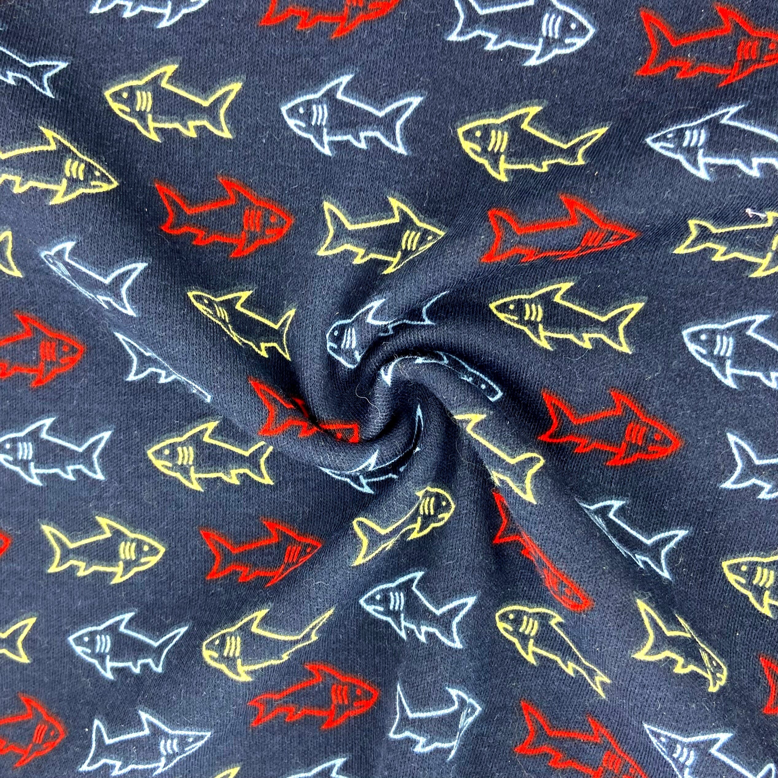 Men's Navy Blue Shark Patterned Novelty Print Cotton Crew Neck T-Shirt