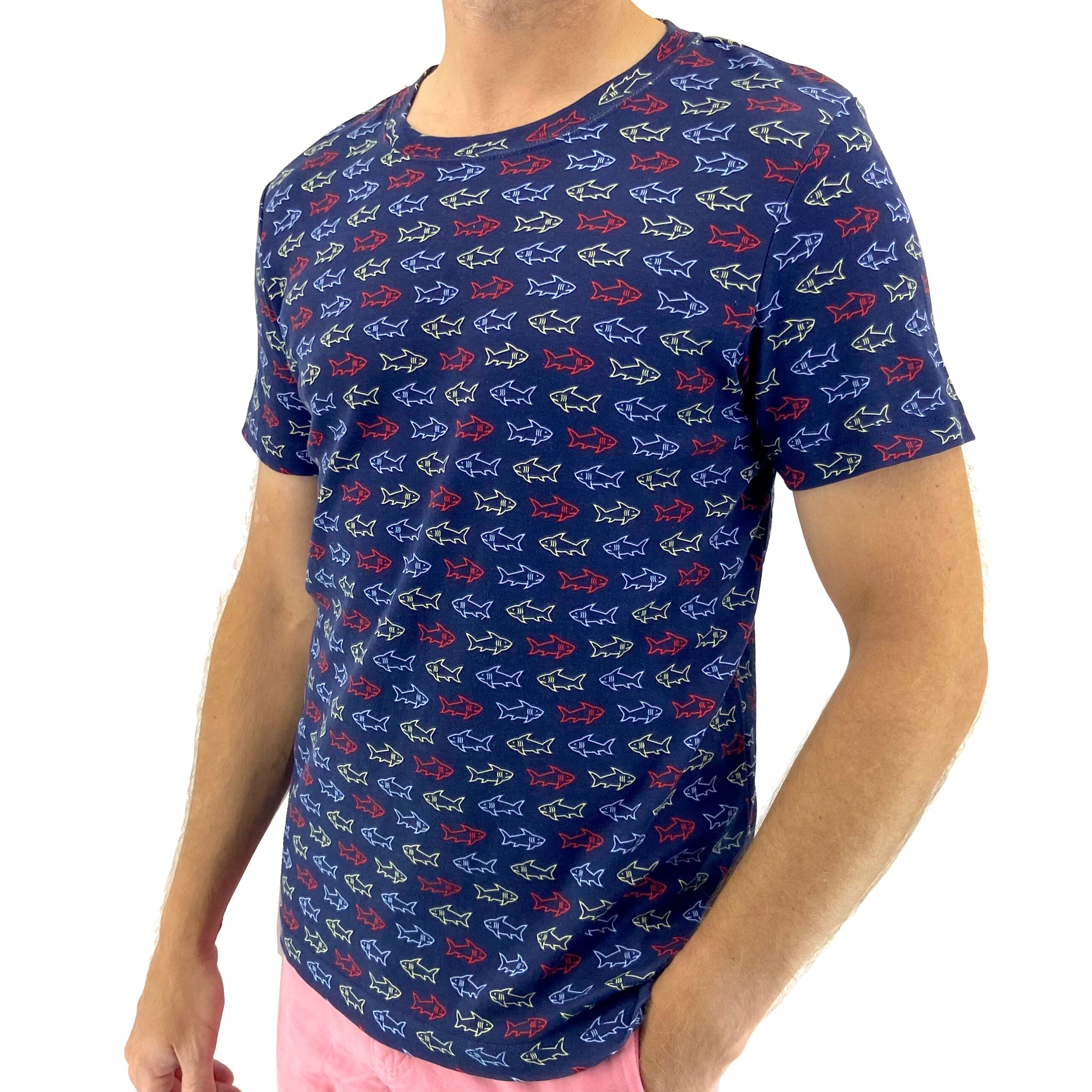 Men's Navy Blue Shark Patterned Novelty Print Cotton Crew Neck T-Shirt