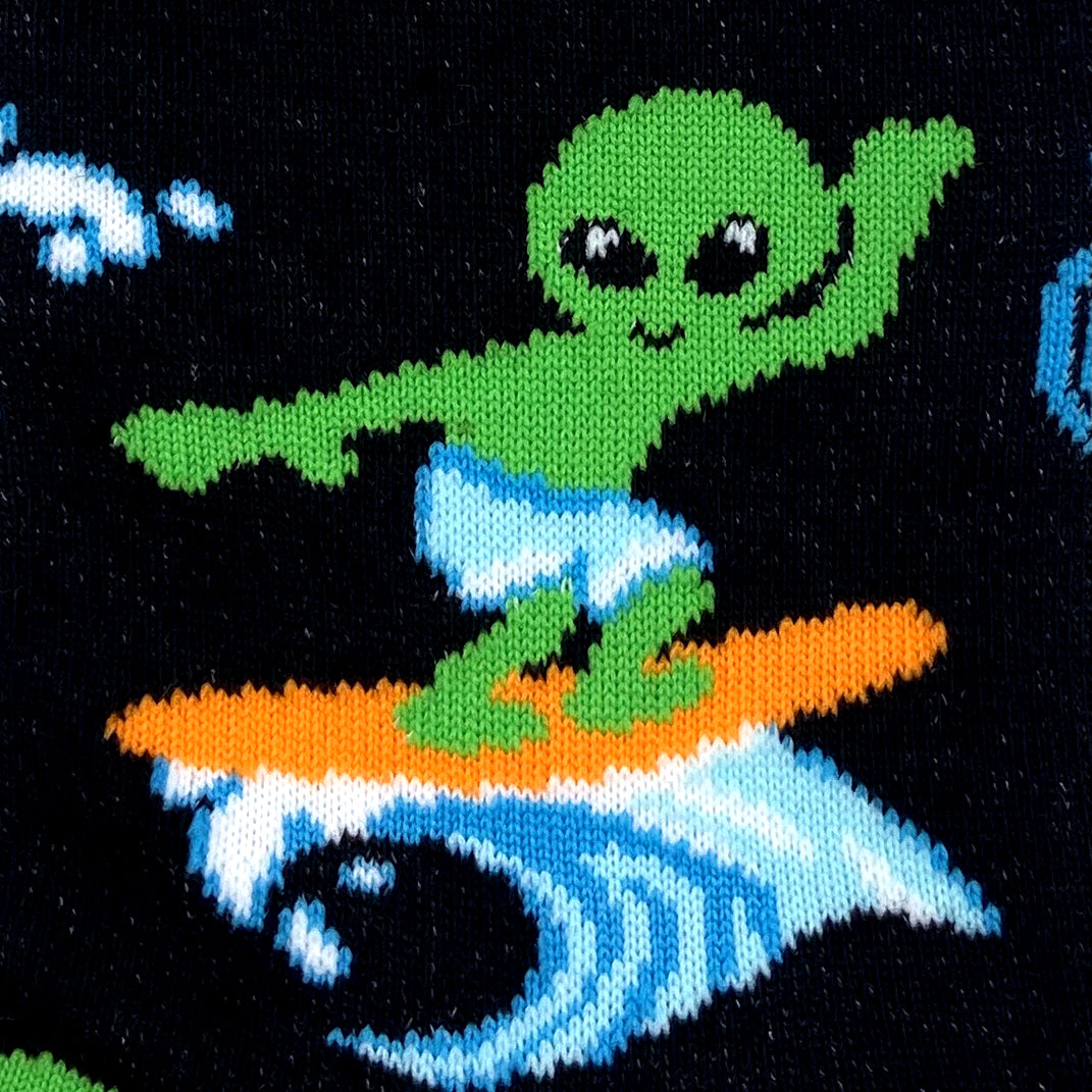 Unisex Black Alien Surfing Patterned Unusual Funky Black Novelty Socks