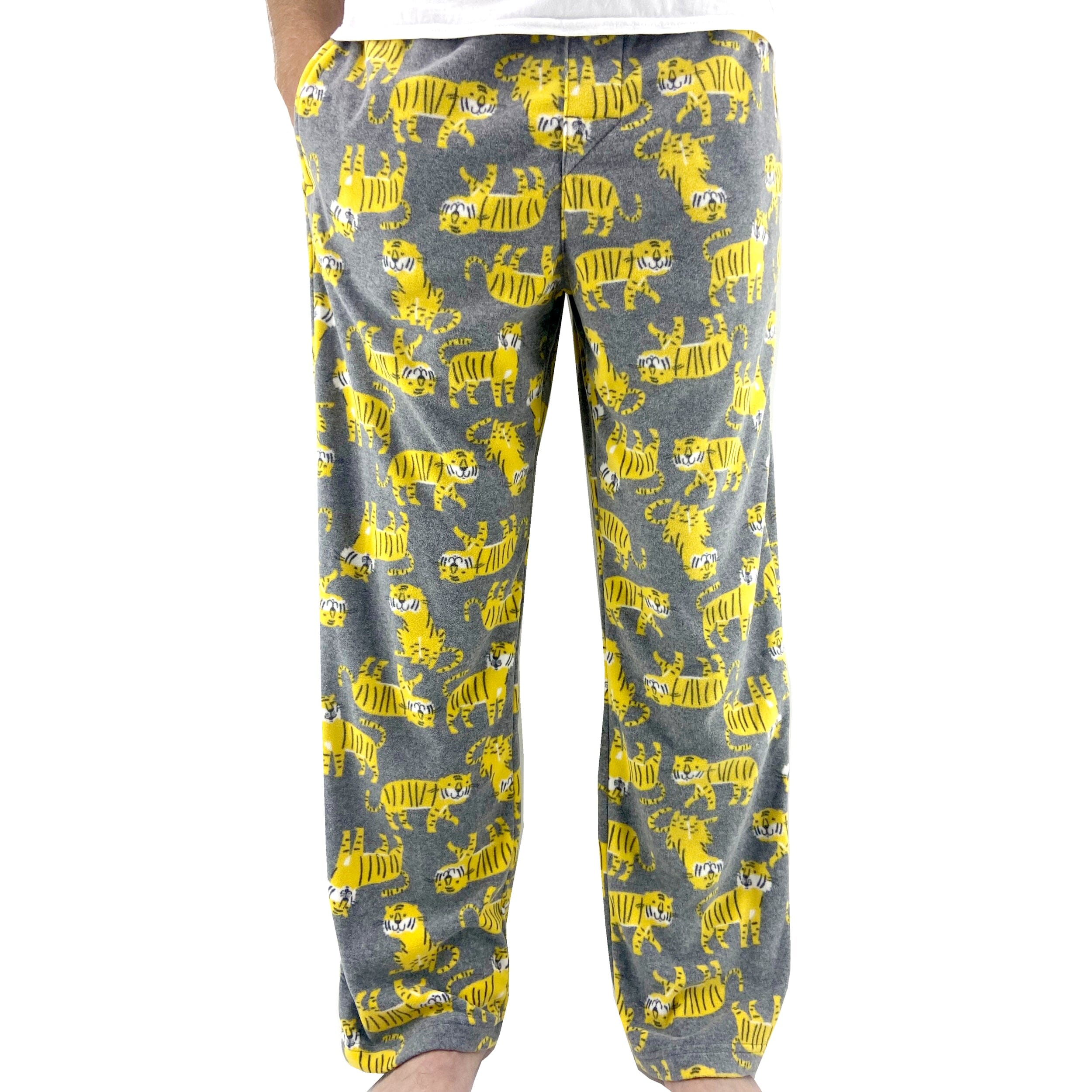 Men's Light Grey Warm Soft Fleece Pajama Bottoms with Tigers All Over