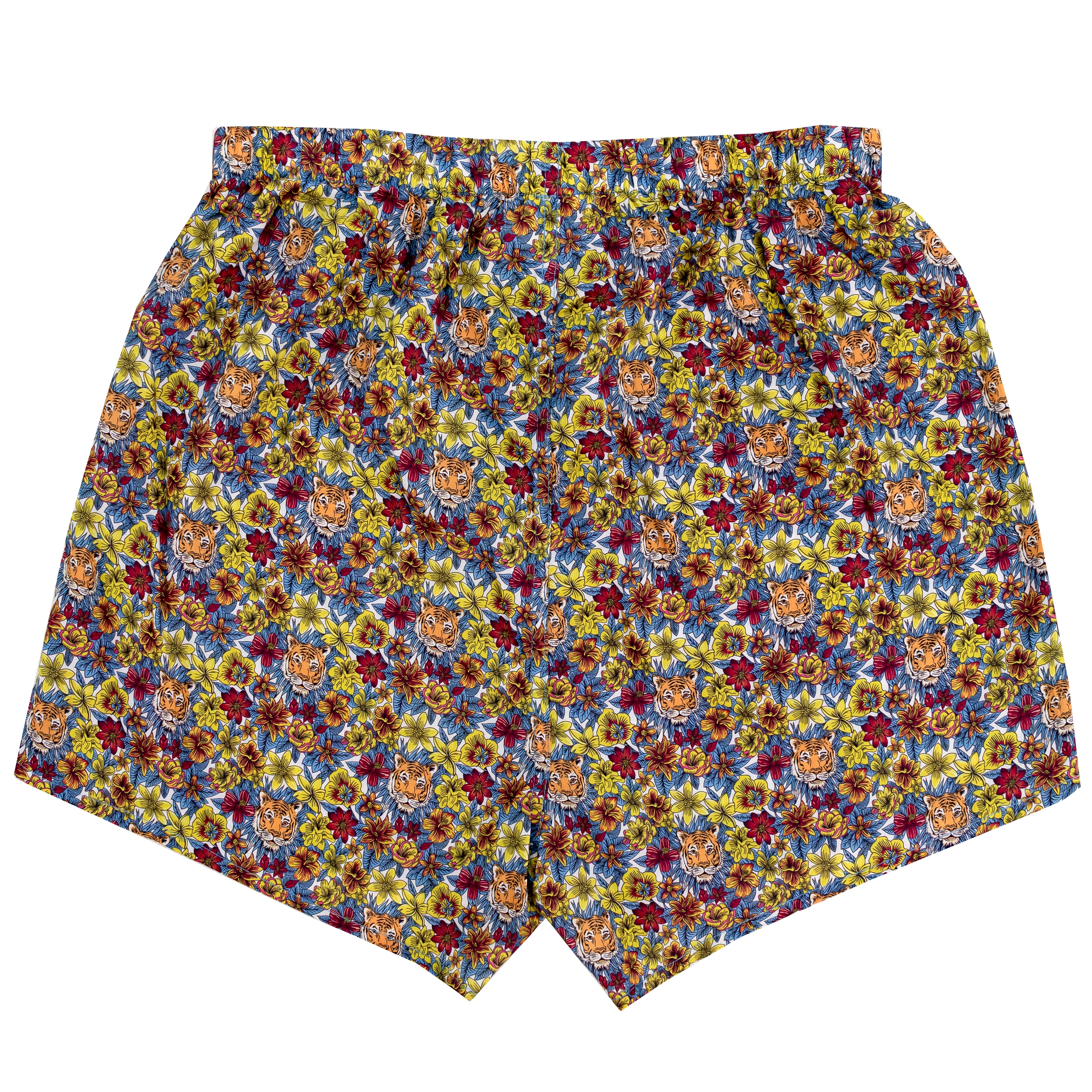 A pair of men's boxer briefs featuring an all-over dense floral and botanical print with yellow, blue, red, and orange tones, displayed flat against a solid white background.