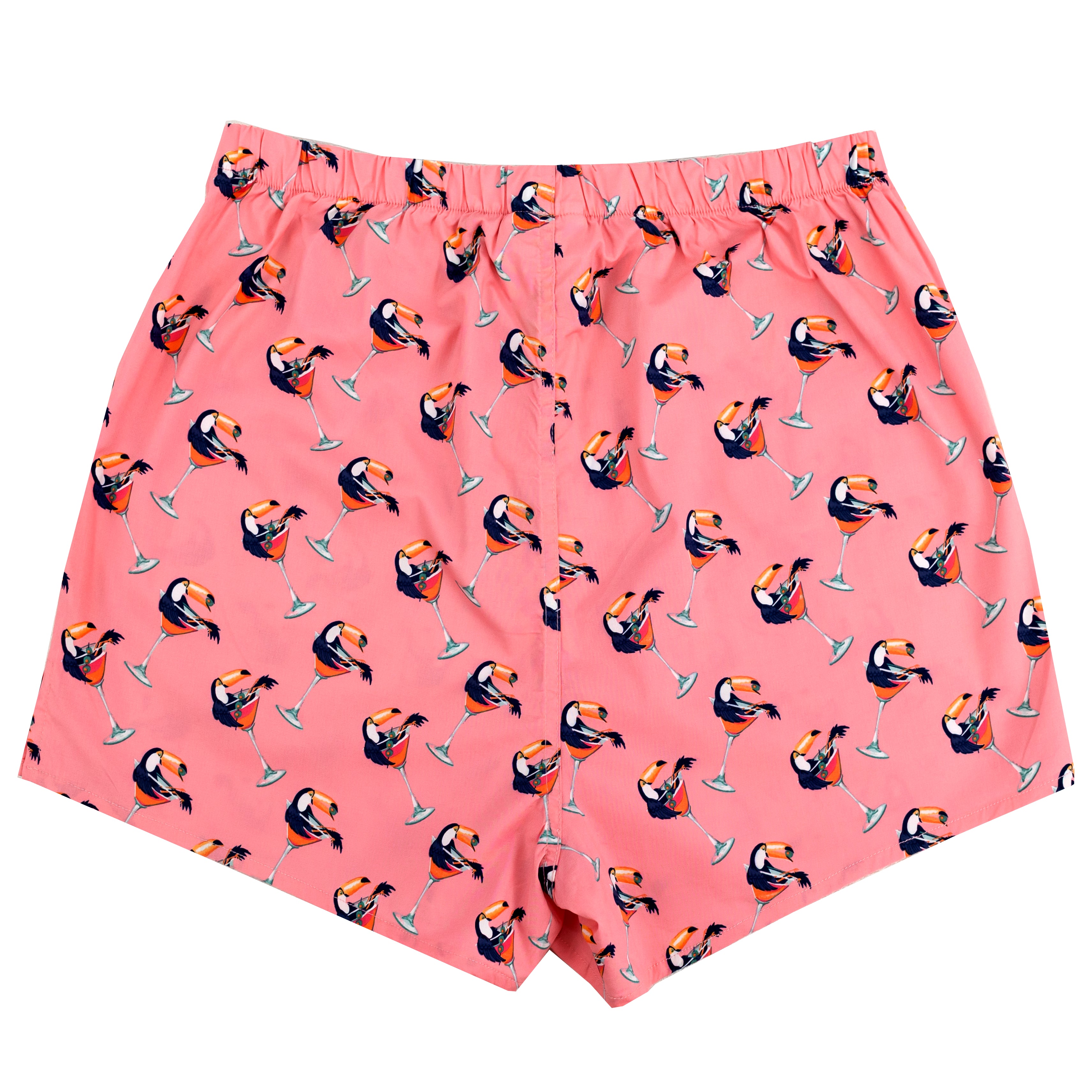 Pink boxer briefs with an all-over repeating print of toucans and golf clubs, shown flat against a white background.