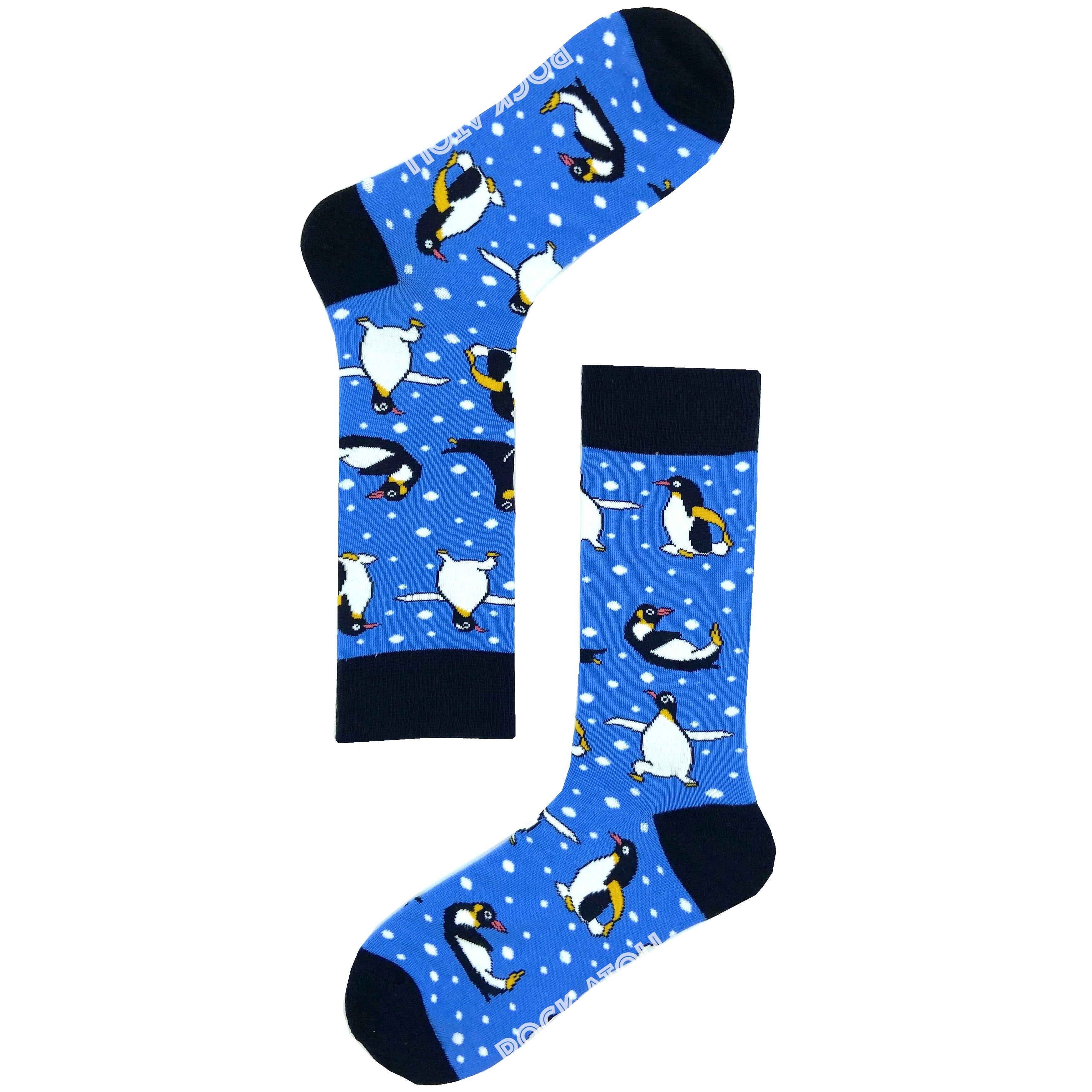 Unisex Penguins Doing Yoga Patterned Fun Unusual Blue Novelty Socks