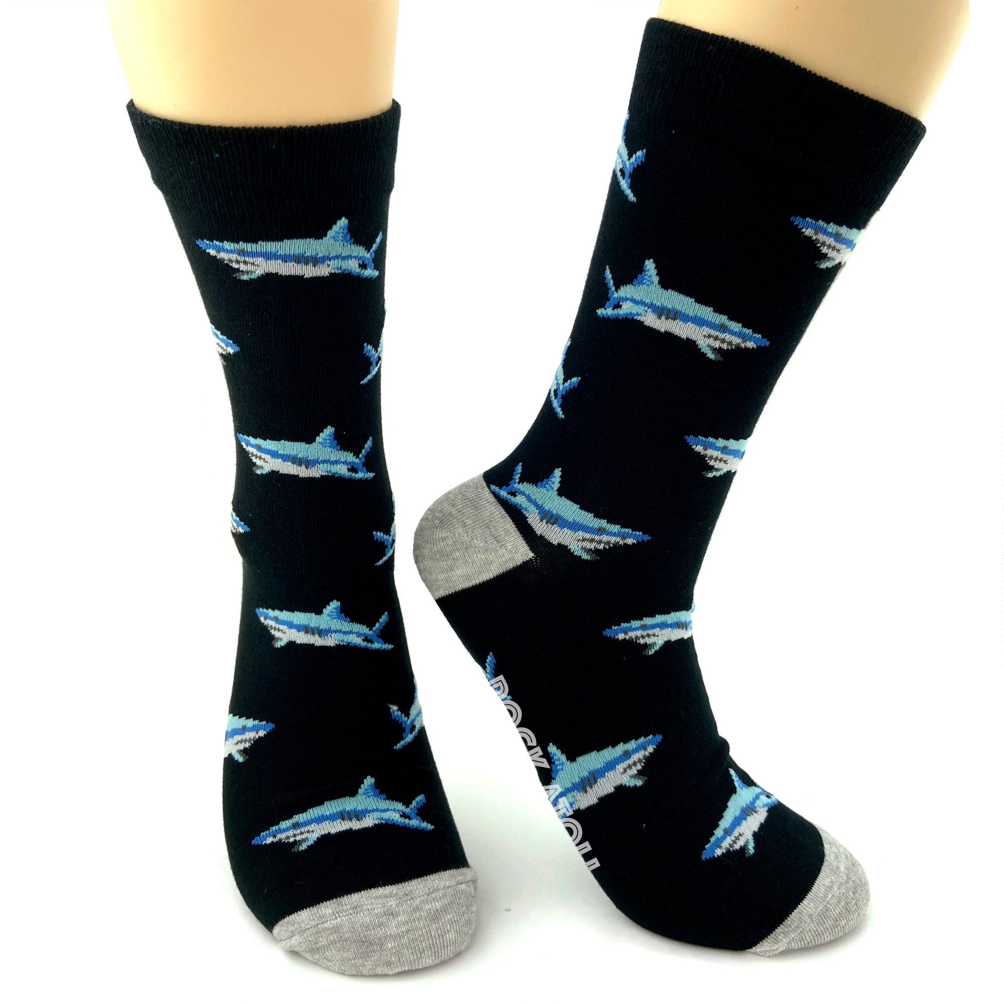Classic Black Patterned Novelty Crew Socks with Sharks All Over Them