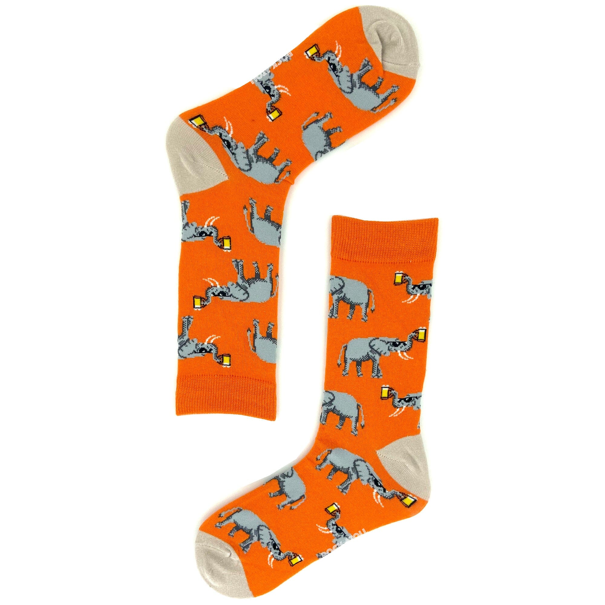 Bright Orange Fun Elephants Drinking Beer Patterned Novelty Crew Socks