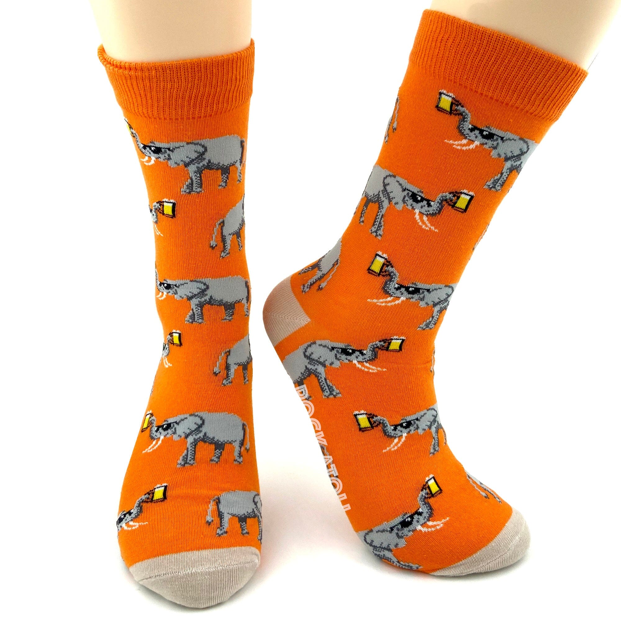 Bright Orange Fun Elephants Drinking Beer Patterned Novelty Crew Socks