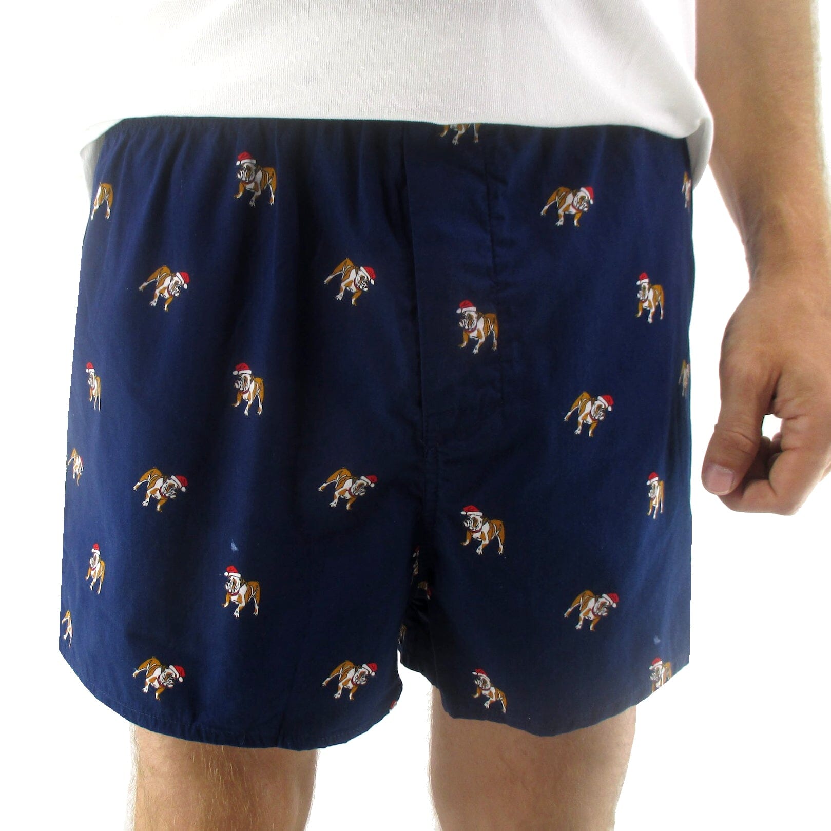 Men's Navy Blue English Bulldog Wearing Santa Hats Print Boxer Shorts