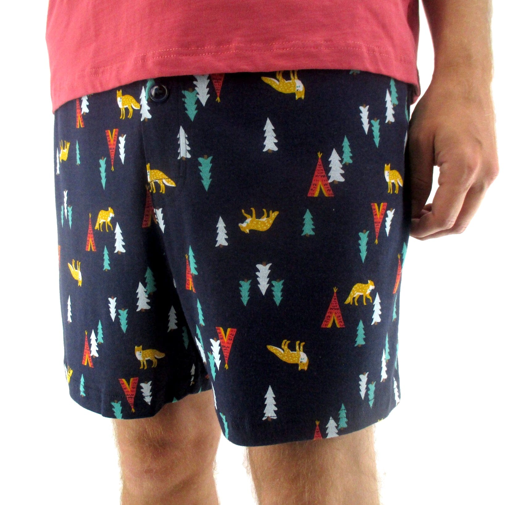 Men's Orange Fox & Teepee Tent Print Cotton Knit Boxer Pajama Shorts