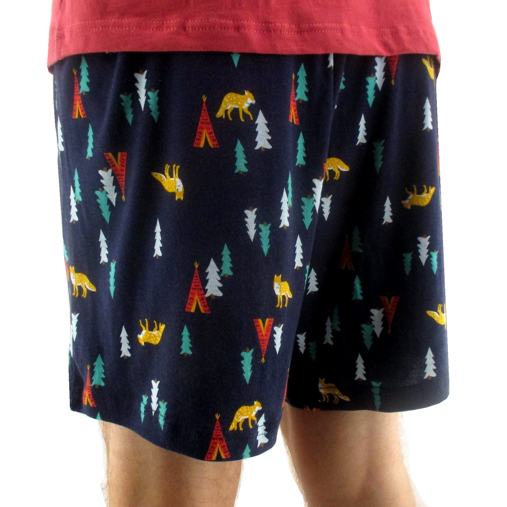 Men's Orange Fox & Teepee Tent Print Cotton Knit Boxer Pajama Shorts