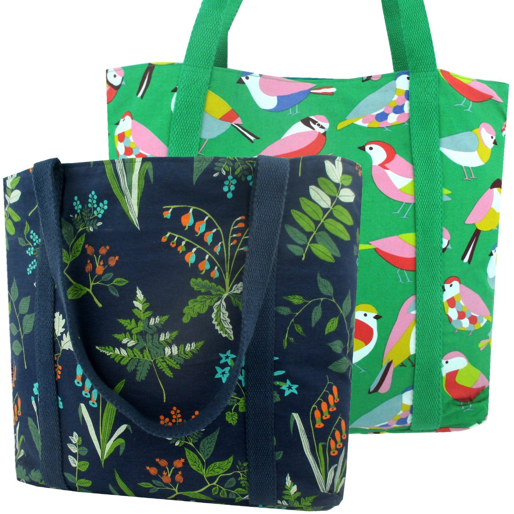 Colorful Green Bird Floral Leaves Nature Print Large Carry-All Shoulder Tote Bags Pack of 2