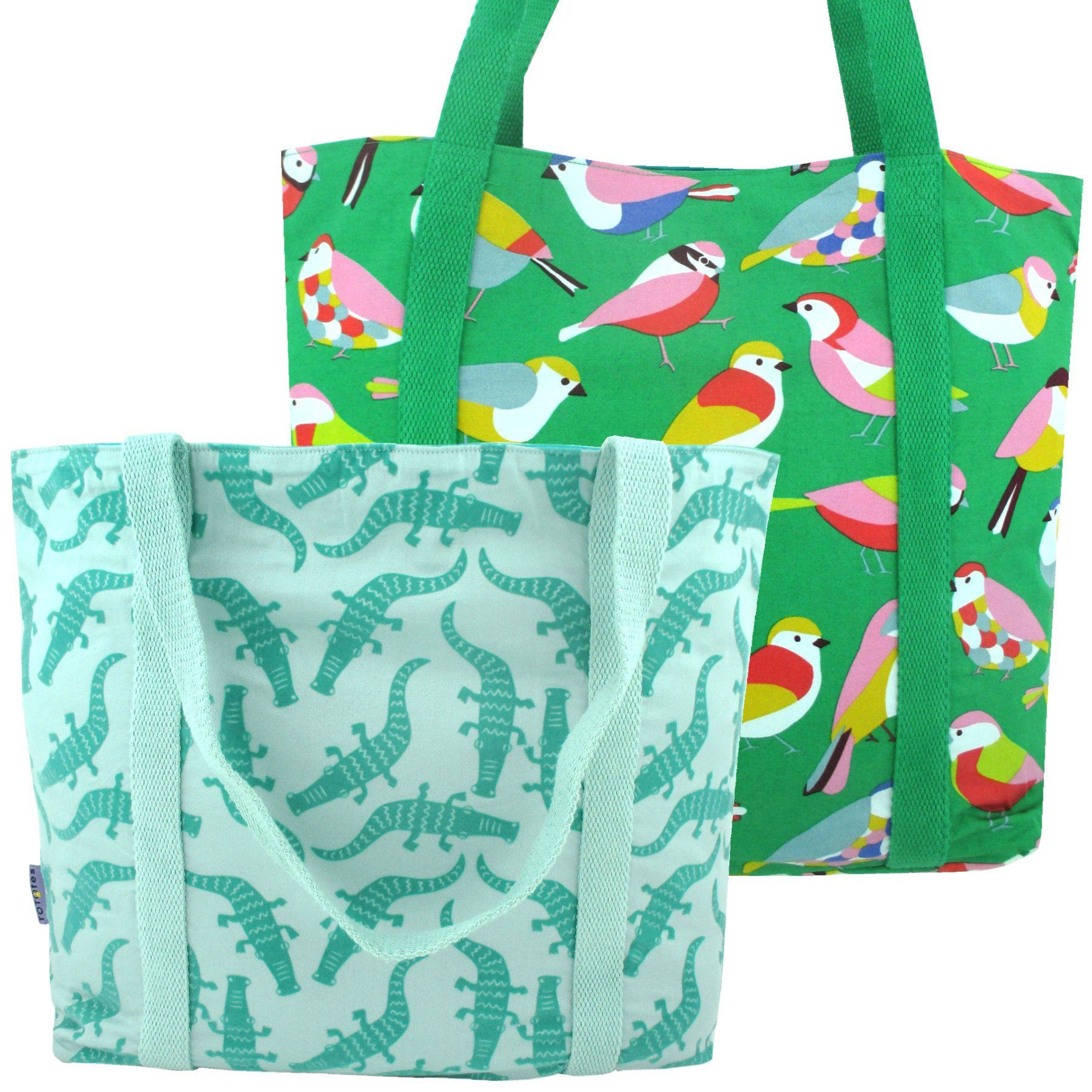 Bright Green Large Shopper Totes with Cute Animal Crocodile Bird Print | Pack of 2