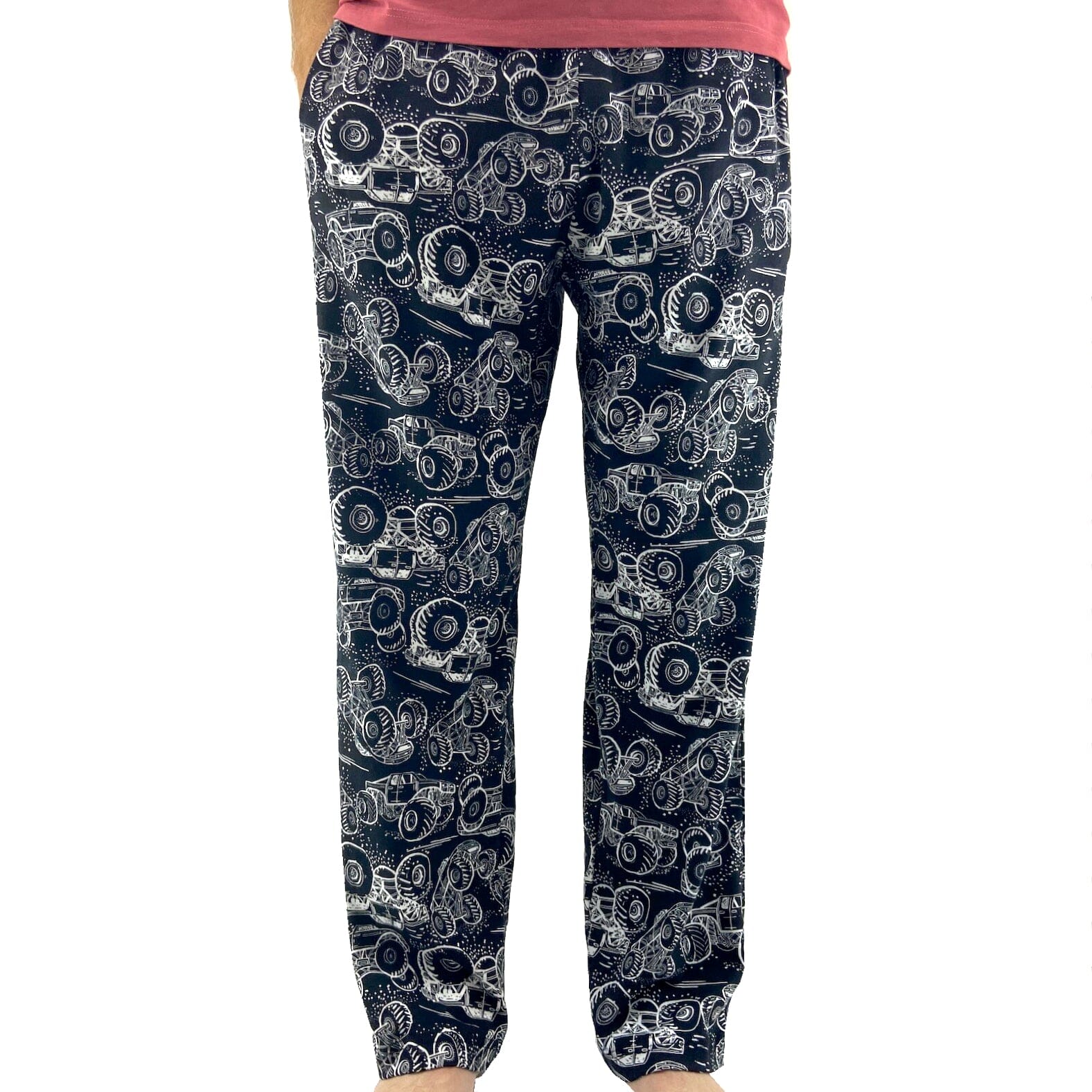 Men's Black Monster Truck Patterned Cotton Knit Long Pajama PJ Pants