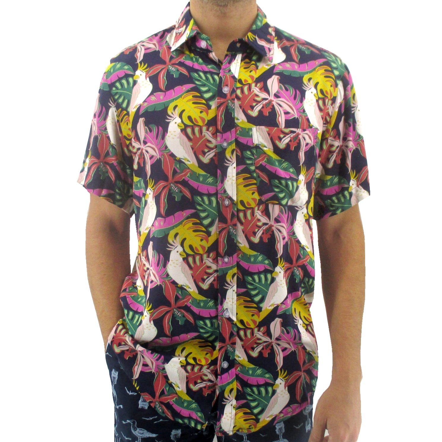 Men's Bold Colorful Floral Parrot Cockatoo Button Down Hawaiian Shirt