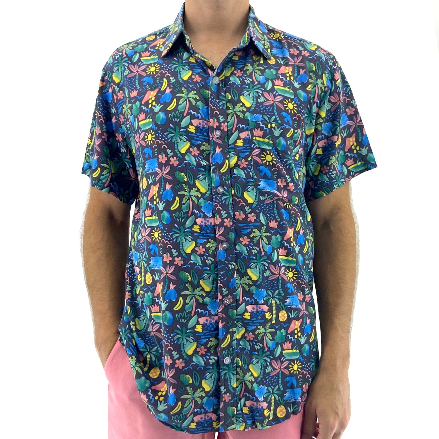Men's Colorful Abstract Palm Tree Print Soft Button Down Aloha Shirt