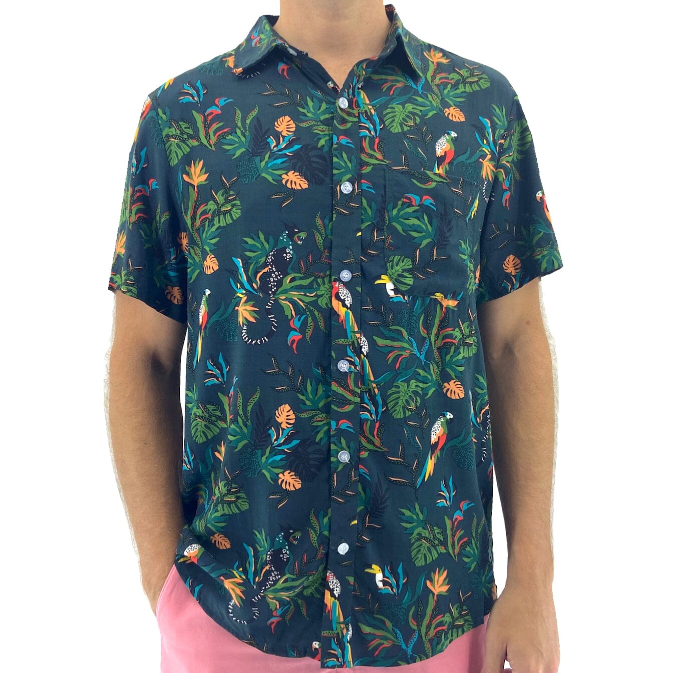 Men's Colorful Jungle Floral Black Panther Print Button Up Aloha Shirt