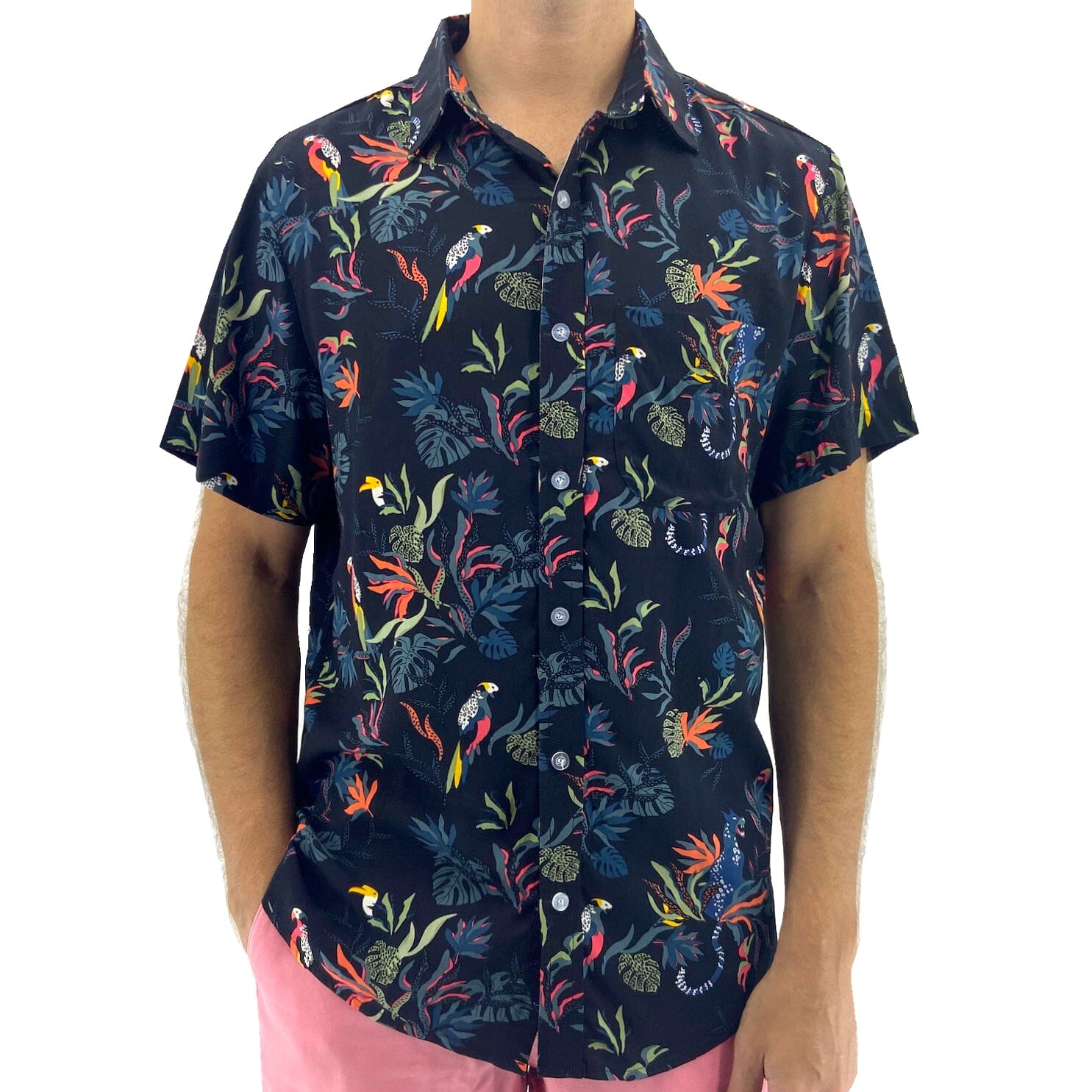 Men's Bold Jungle Animal Floral Print Button Down Aloha Hawaiian Shirt
