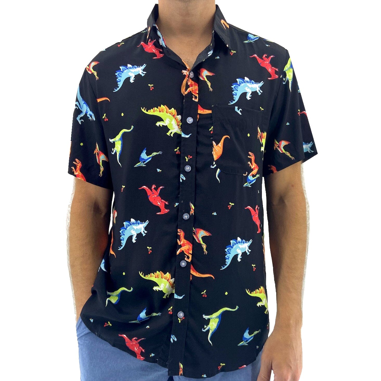 Men's Short-Sleeve Button-Up Hawaiian Aloha Shirts with Dinosaur Print