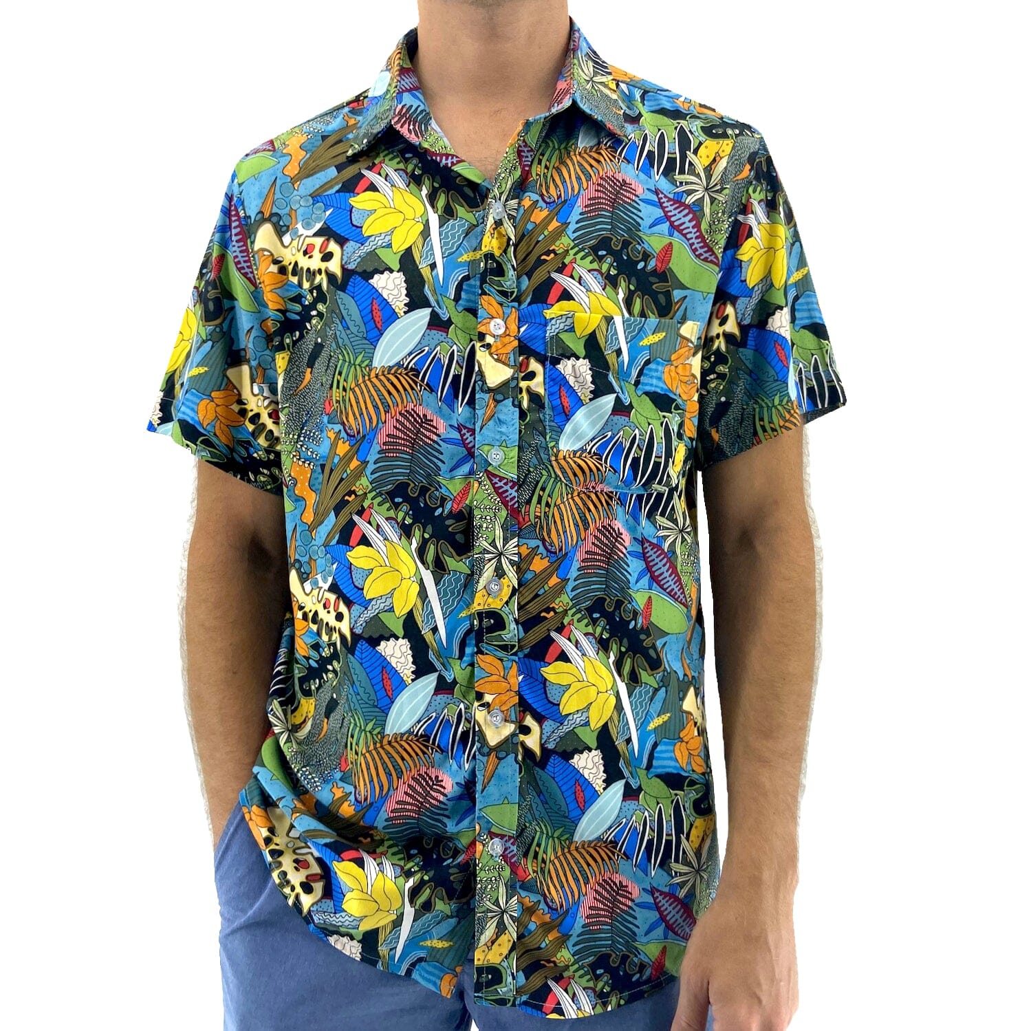 Mens Unique Vibrant Colorful Abstract Floral Leaf Print Hawaiian Shirt