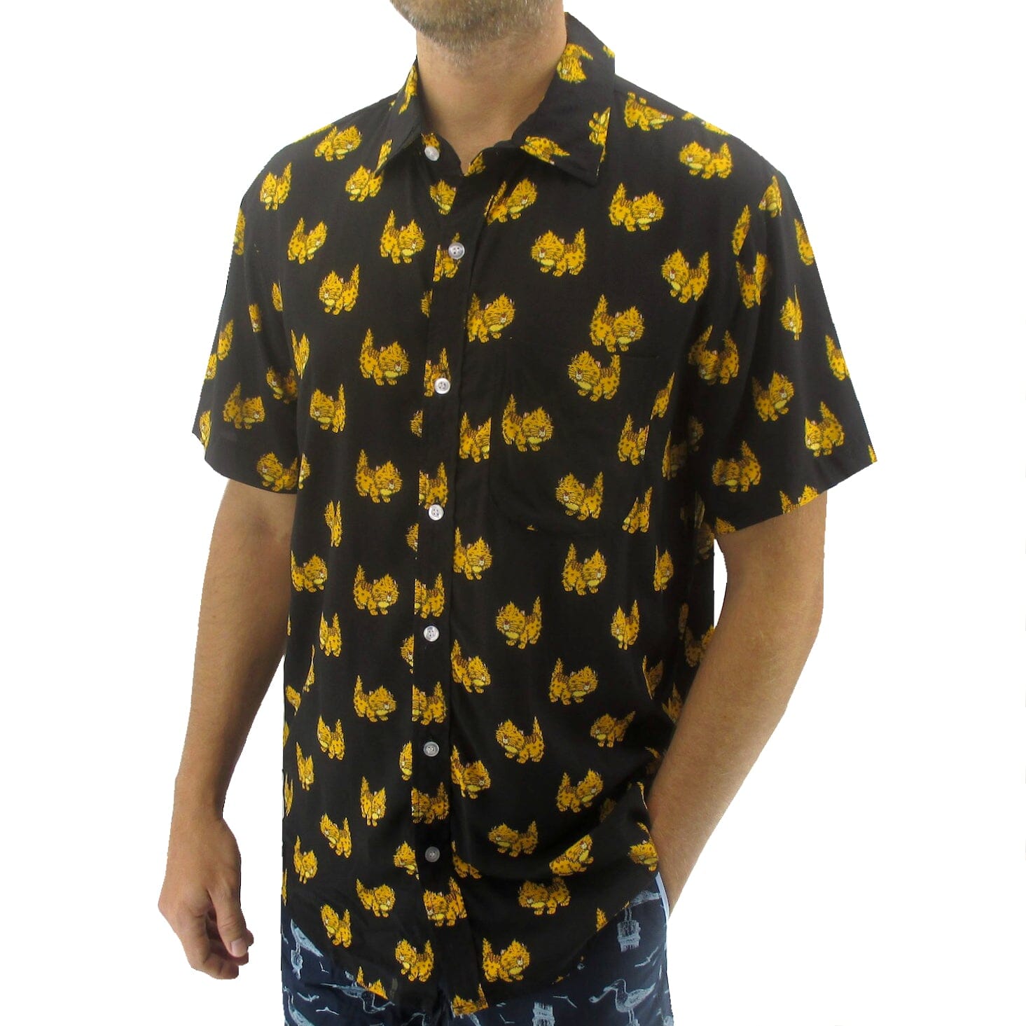 Men's Grumpy Kitty Cat Printed Black Button Down Short-Sleeve Shirt