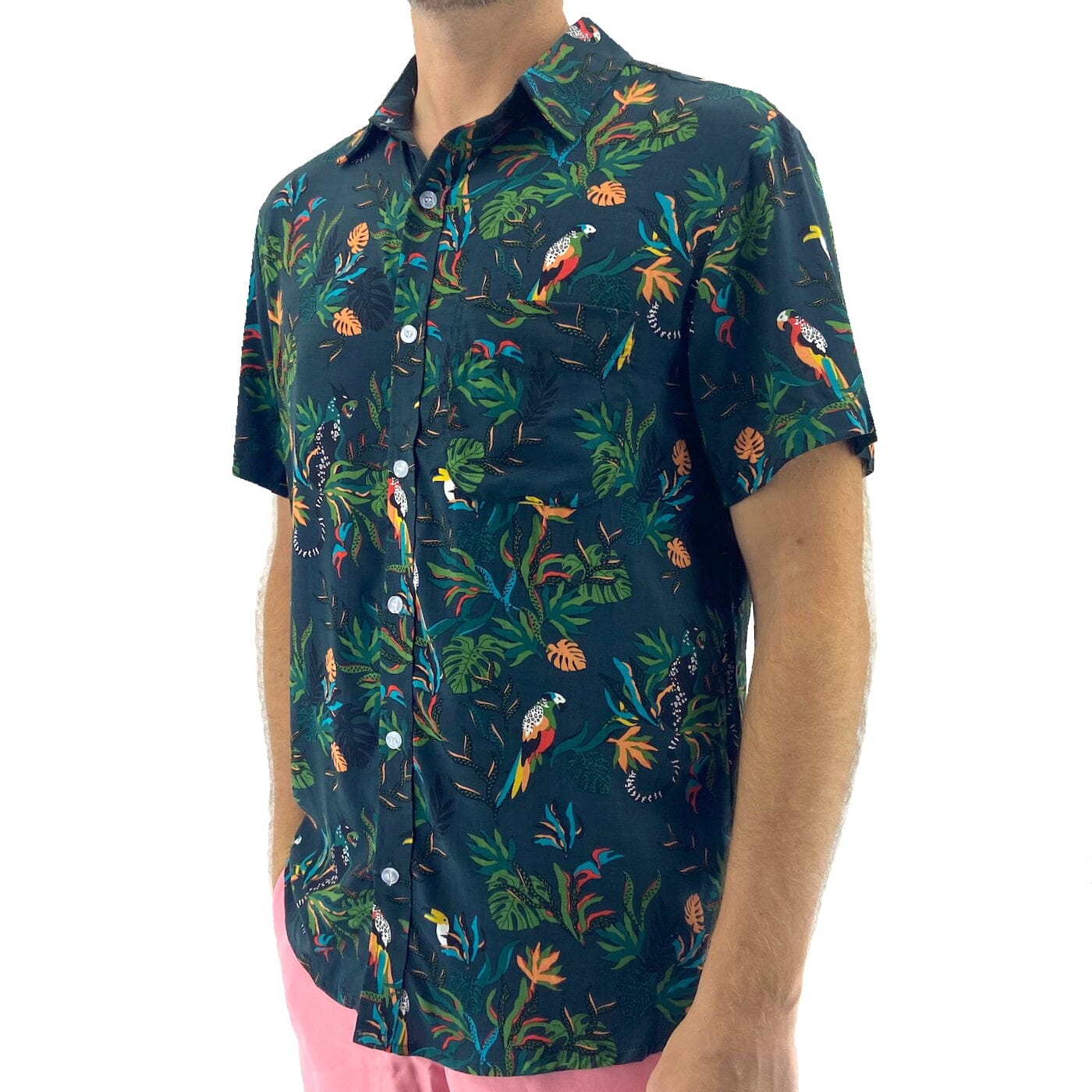 Men's Colorful Jungle Floral Black Panther Print Button Up Aloha Shirt