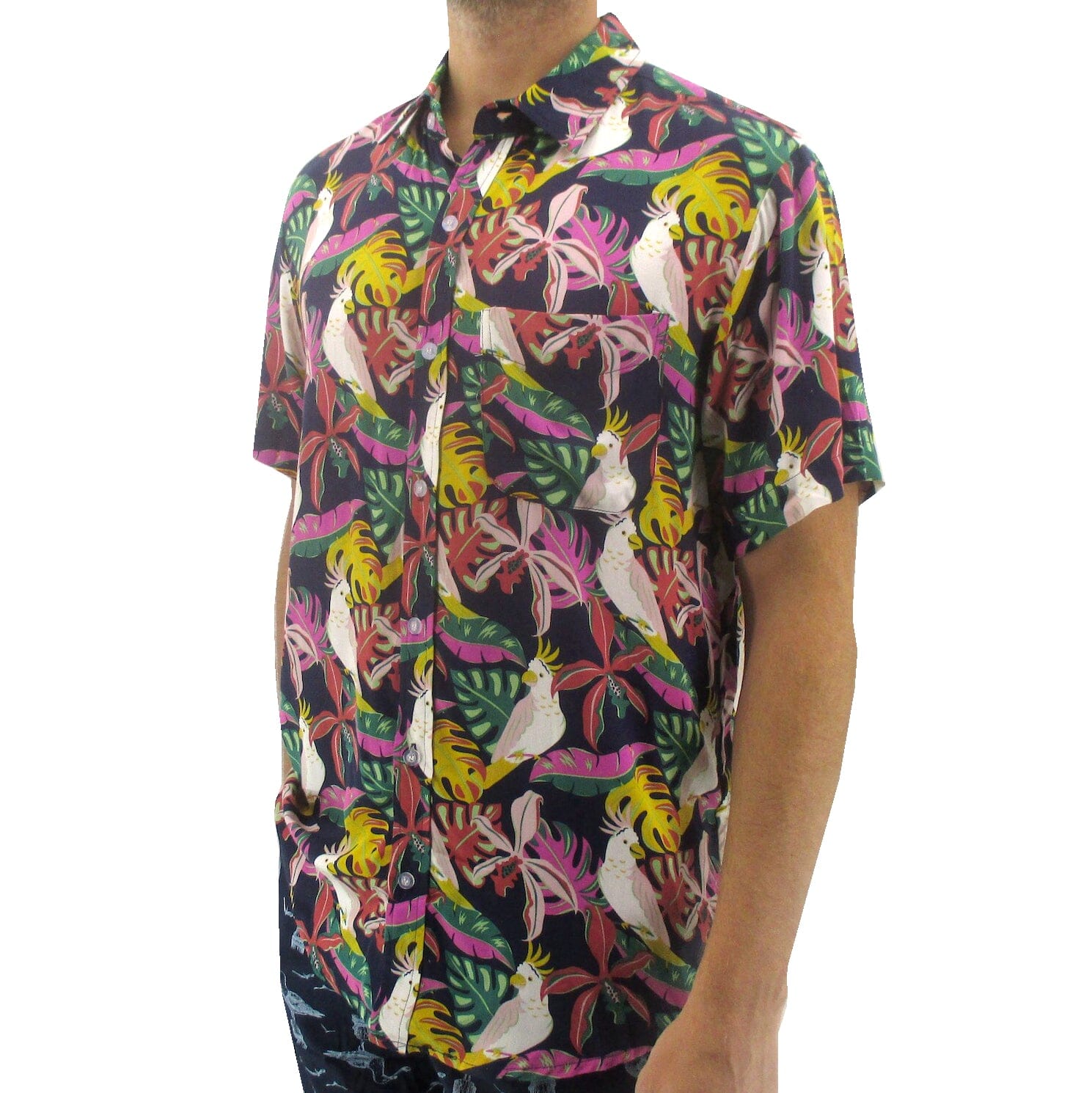 Men's Bold Colorful Floral Parrot Cockatoo Button Down Hawaiian Shirt