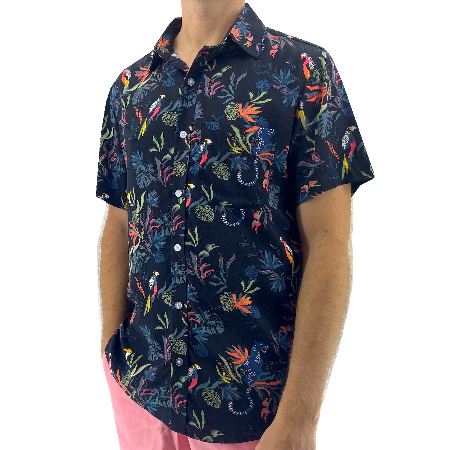 Men's Bold Jungle Animal Floral Print Button Down Aloha Hawaiian Shirt