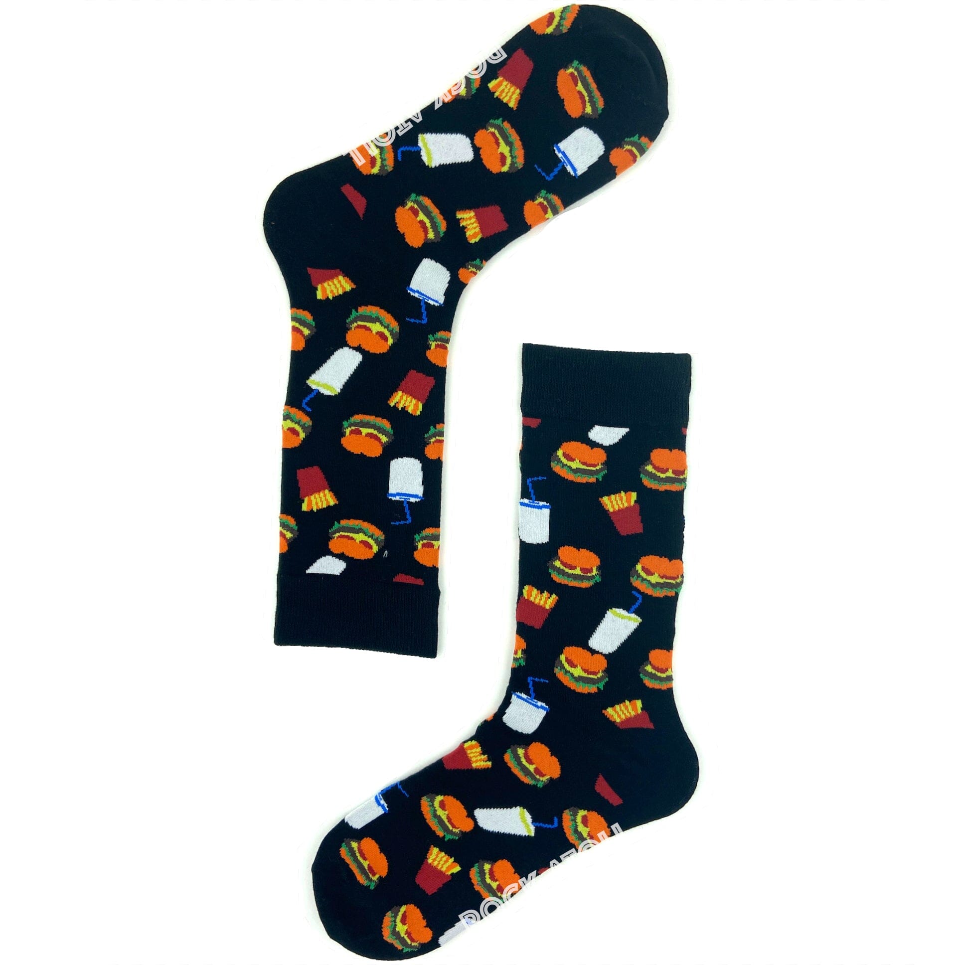 Black Unisex French Fries Burgers & Soda Print Fast Food Novelty Socks