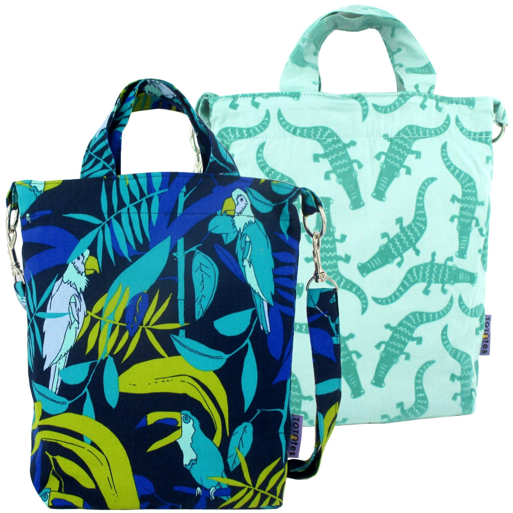 This jungle inspired bag features a blue green print made up of parrots and toucans against tropical leaves in the background.