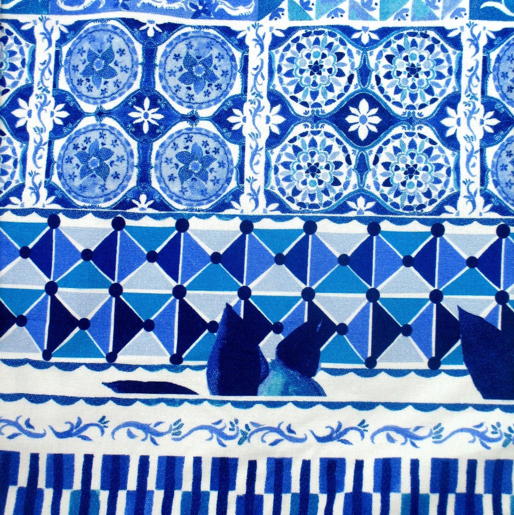 Blue White Floral Paisley Mosaic Print Large Market Shoulder Shopper Tote Bag