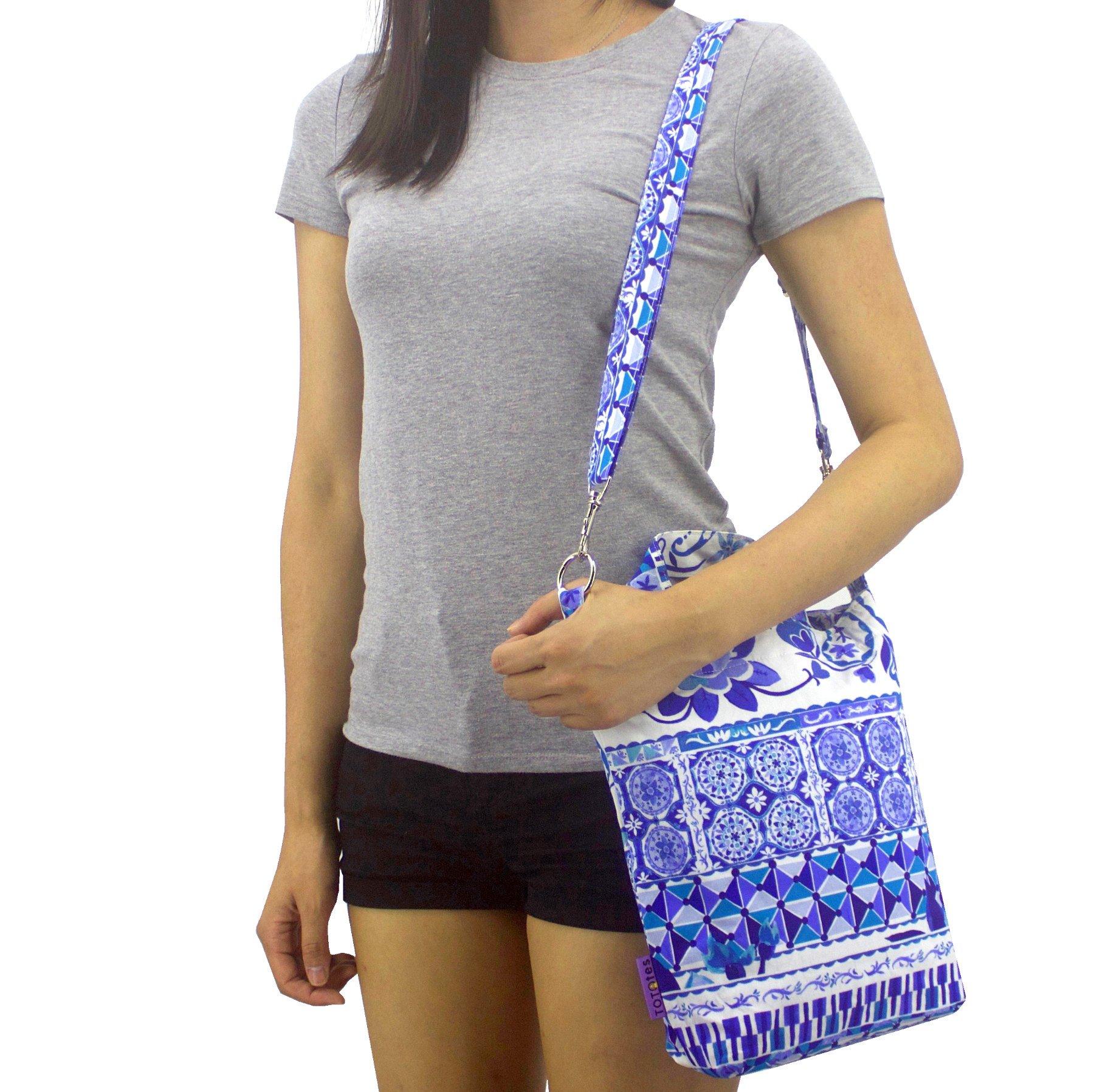 Bright Blue Paisley Floral Mosaic Tiles Patterned Print Duck Cross Body Cotton Tote Bag