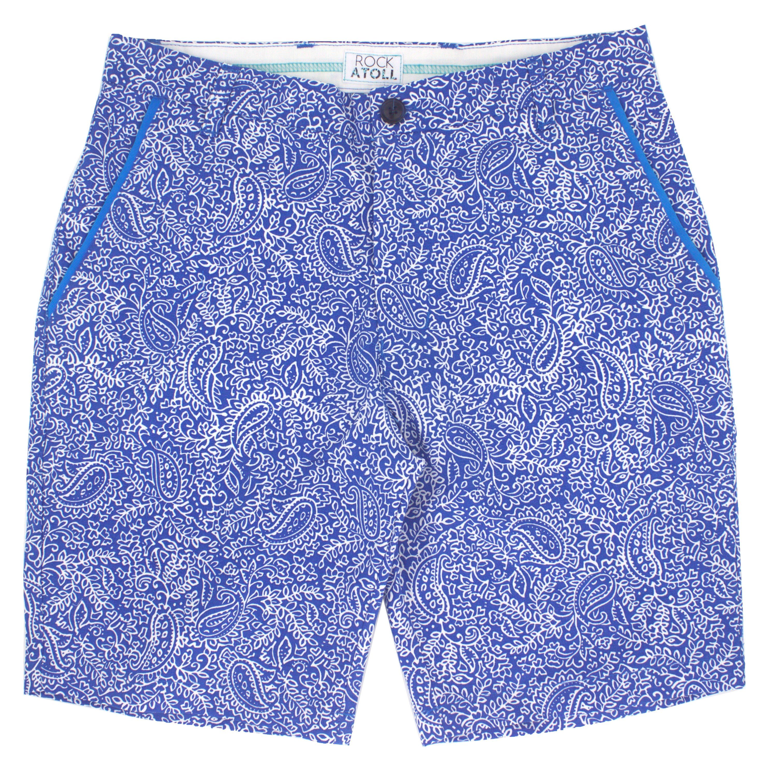 Bright Blue Paisley Print Flat Front Chinos for Men