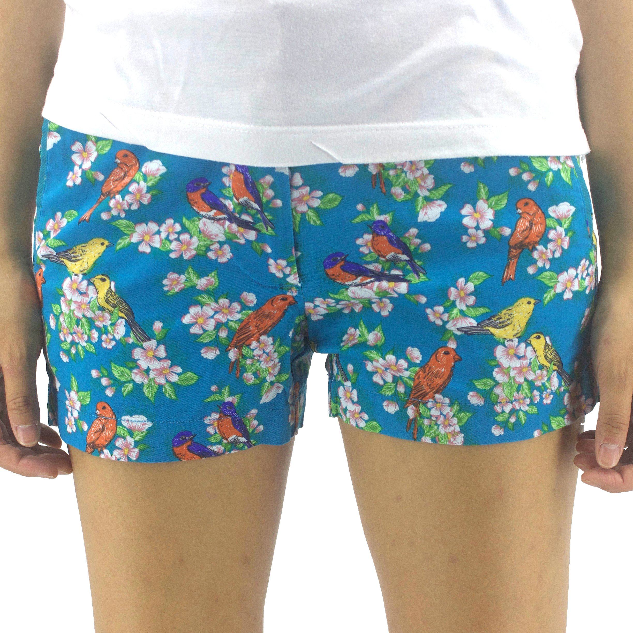 Turquoise Blue Bird Patterned Flat Front Bermuda Shorts for Women
