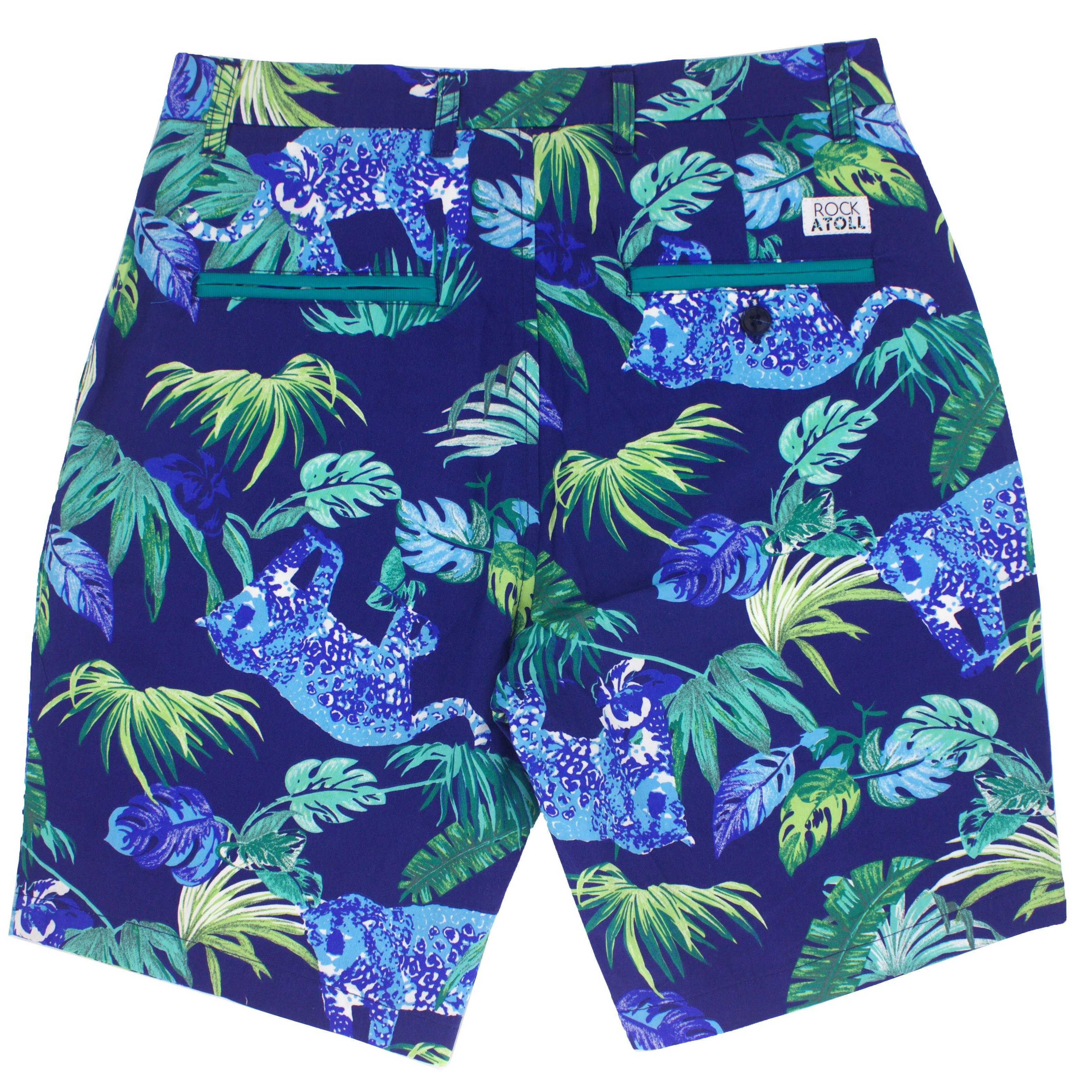 Bright Blue Leopard Palm Leaves Print Slim Fit Men's Shorts