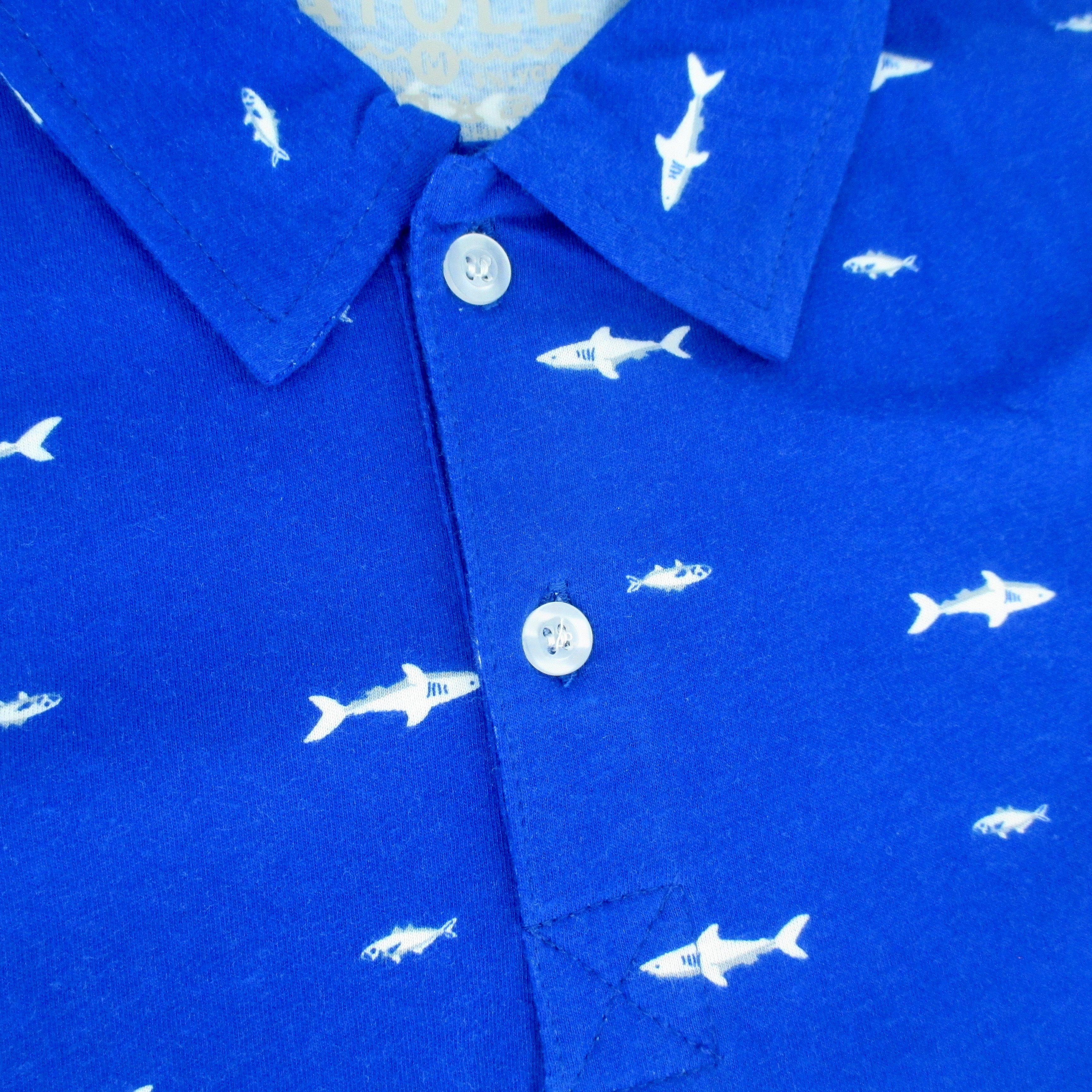 Rock Atoll Shark All Over Print Bright Blue Jersey Polo Tee