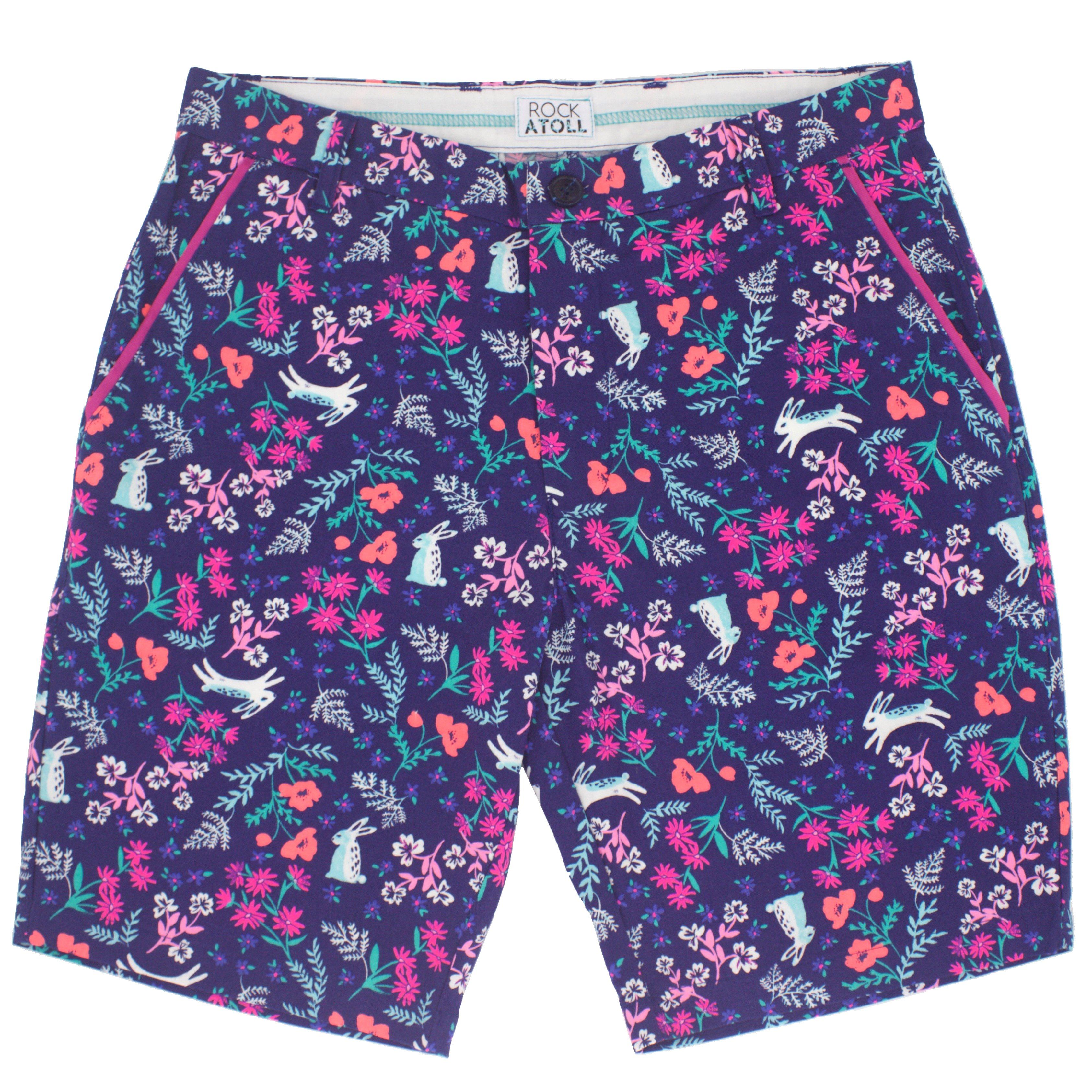 Purple Bunny Rabbit and Floral Print Flat Front Men's Shorts