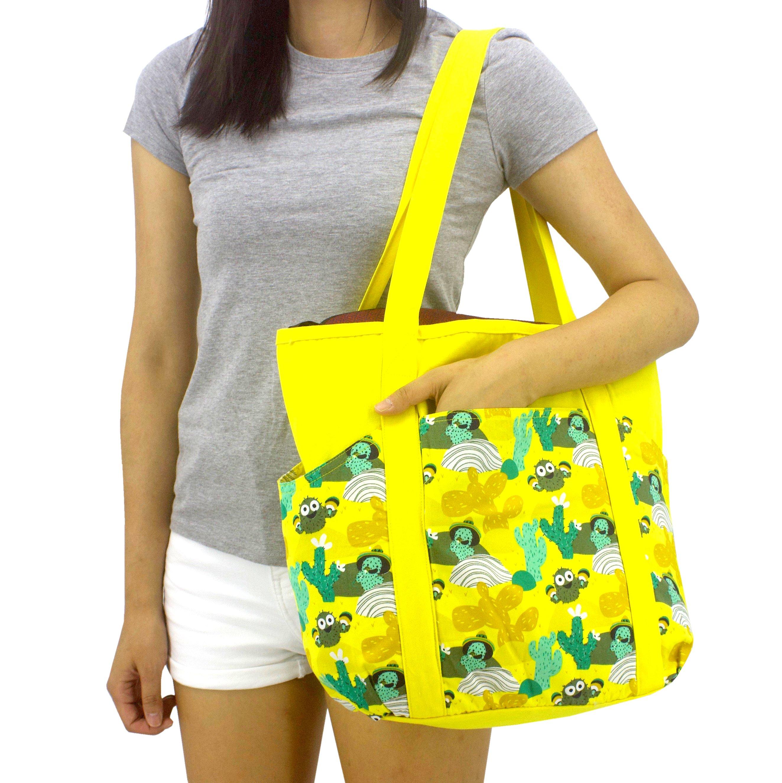 Bright Yellow Desert Themed Cactus Pattern Large Utility Shoulder Tote Shopper Bag with Pockets