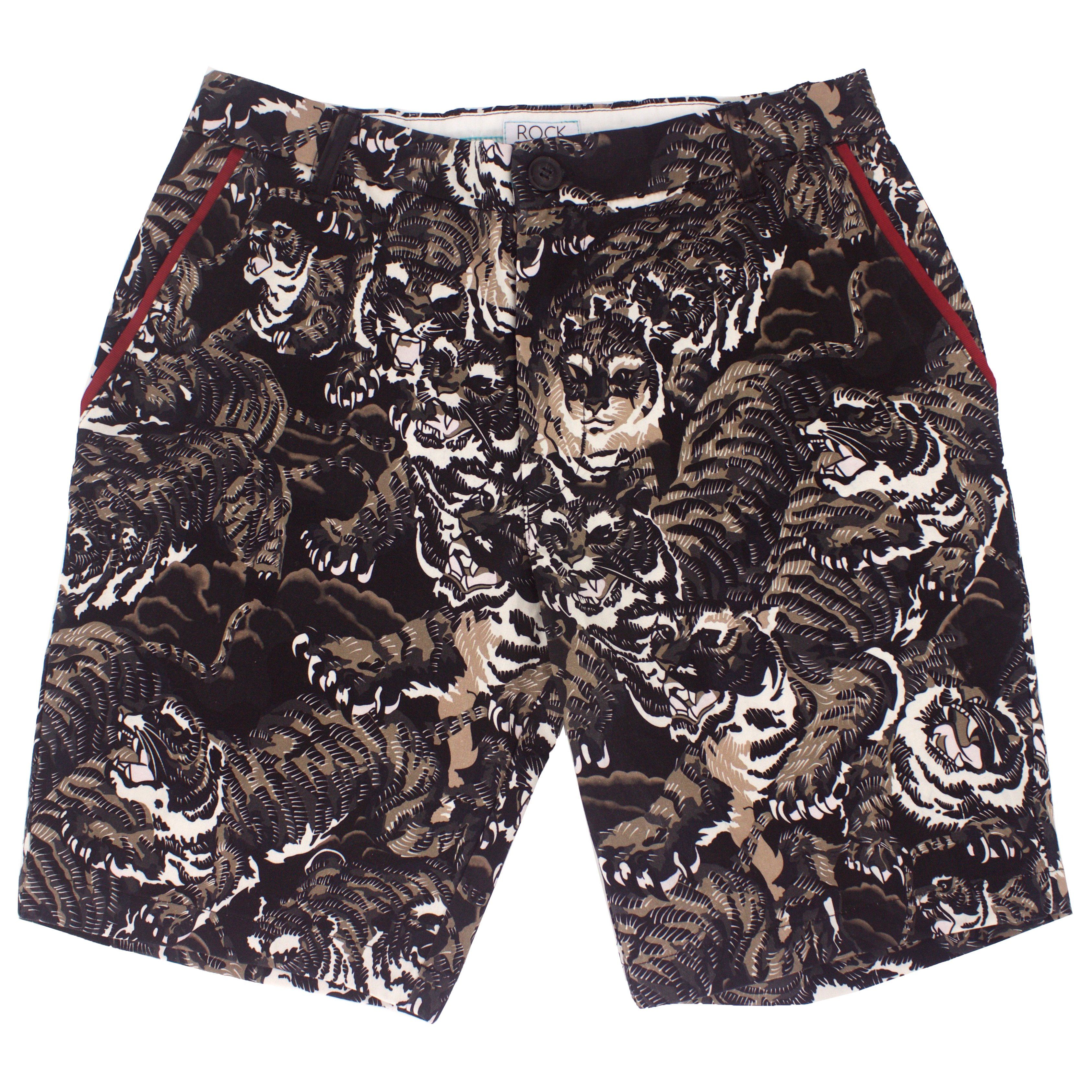 Luxurious Tiger All Over Print Flat Front Chinos for Men